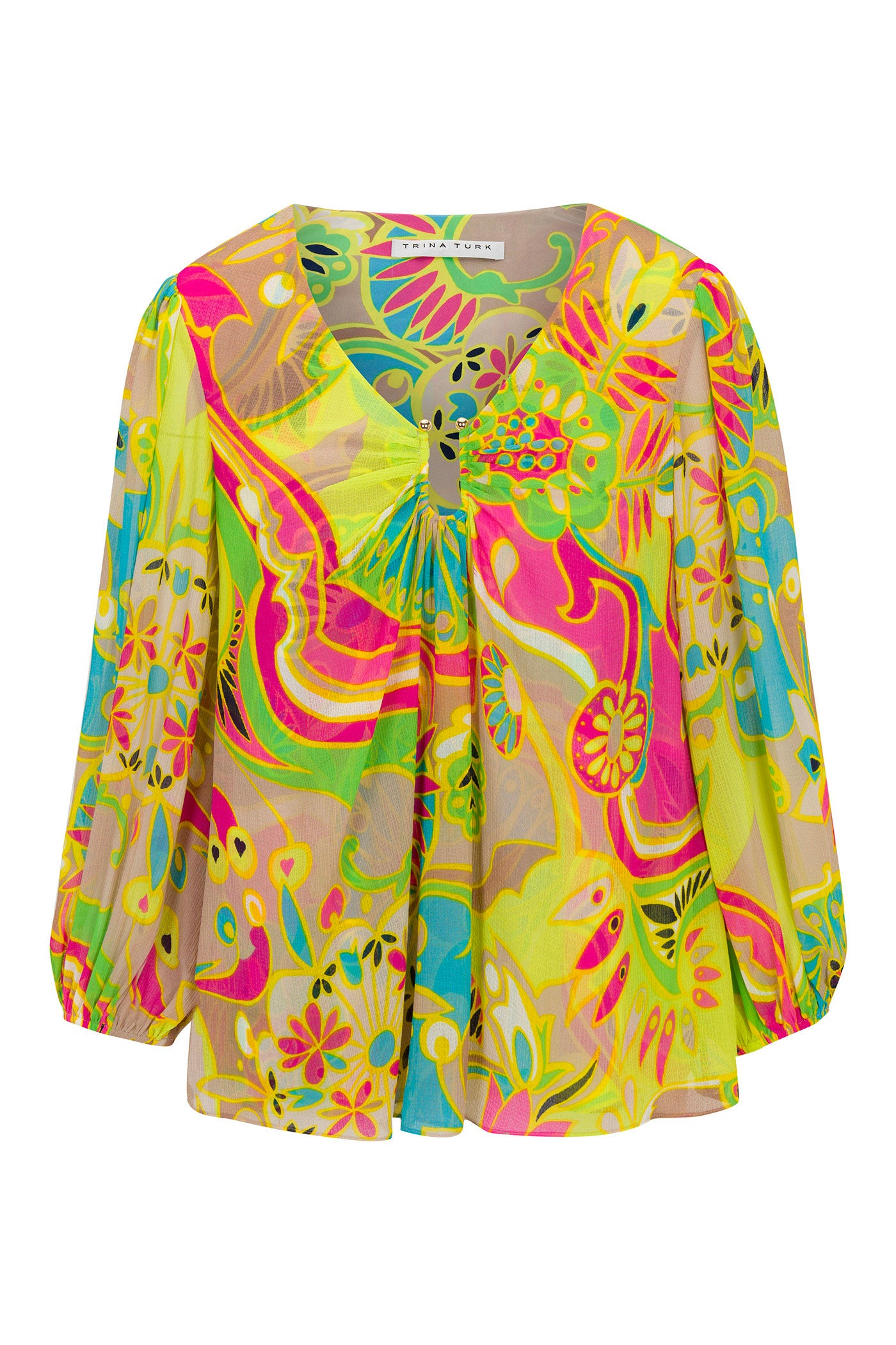 The Sampras 3/4-Sleeve Top - Venus is a loose-fitting blouse with a V-neck and vibrant floral and abstract patterns in yellow, green, pink, and blue.