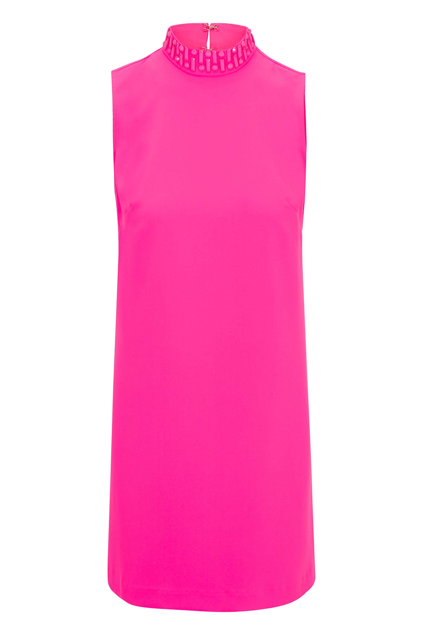 The Sharapova Sleeveless Mockneck Dress features a high neckline with rectangular cutout details, a small back zipper, and a smooth, slightly shiny bright pink fabric.