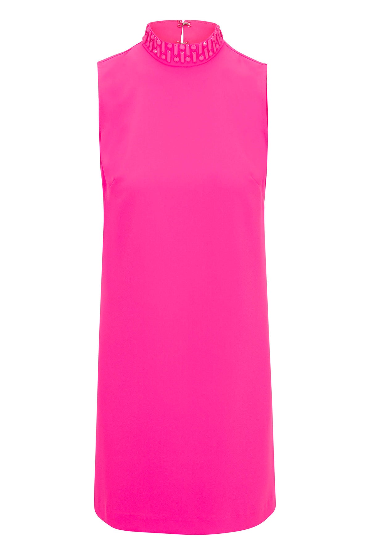 The Sharapova Sleeveless Mockneck Dress features a high neckline with rectangular cutout details, a small back zipper, and a smooth, slightly shiny bright pink fabric.