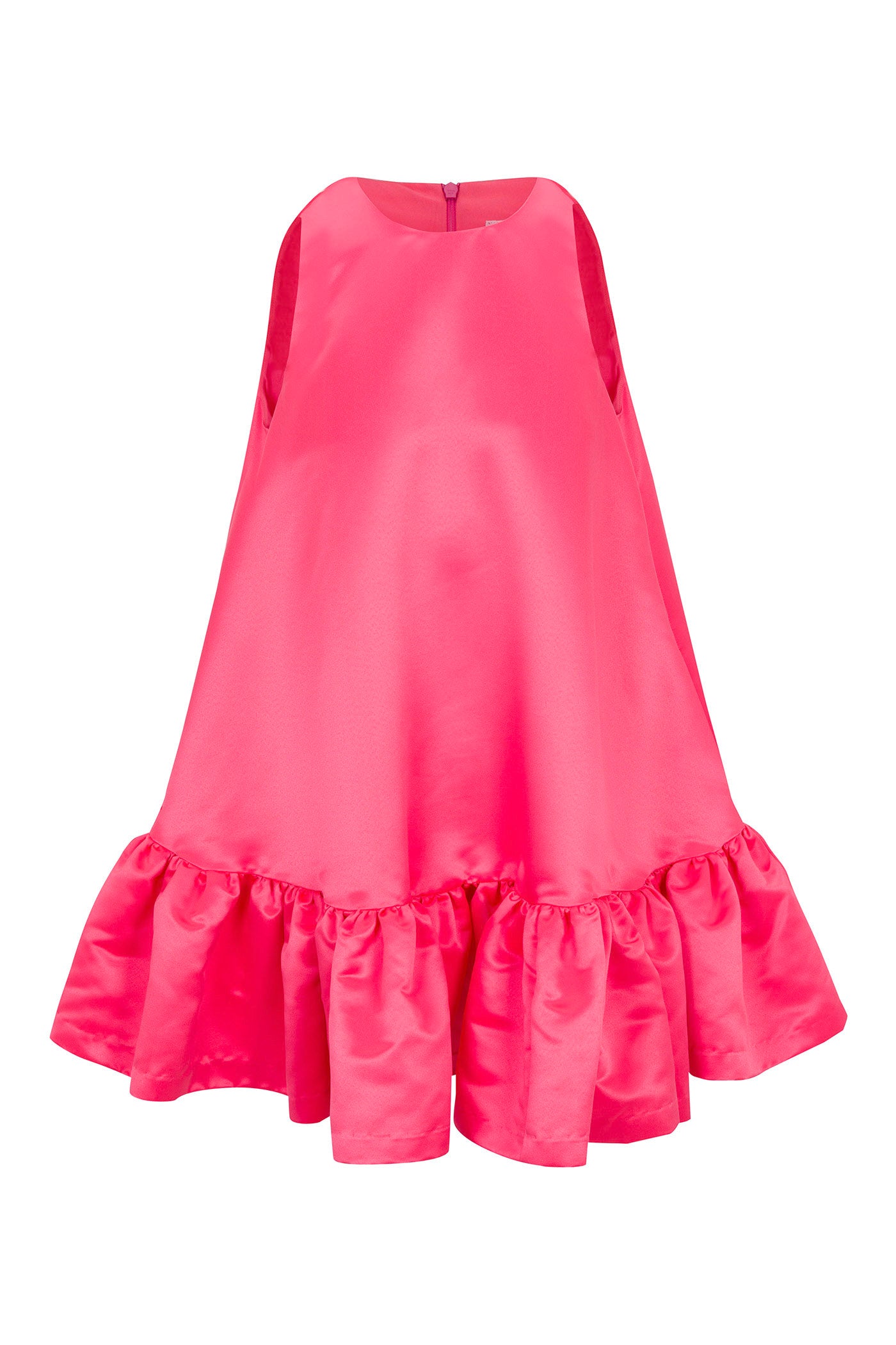 The Winner Sleeveless A-Line Dress features bright pink solid satin, a loose A-line silhouette, ruffled flared hem, and round neckline for a playful yet elegant look.