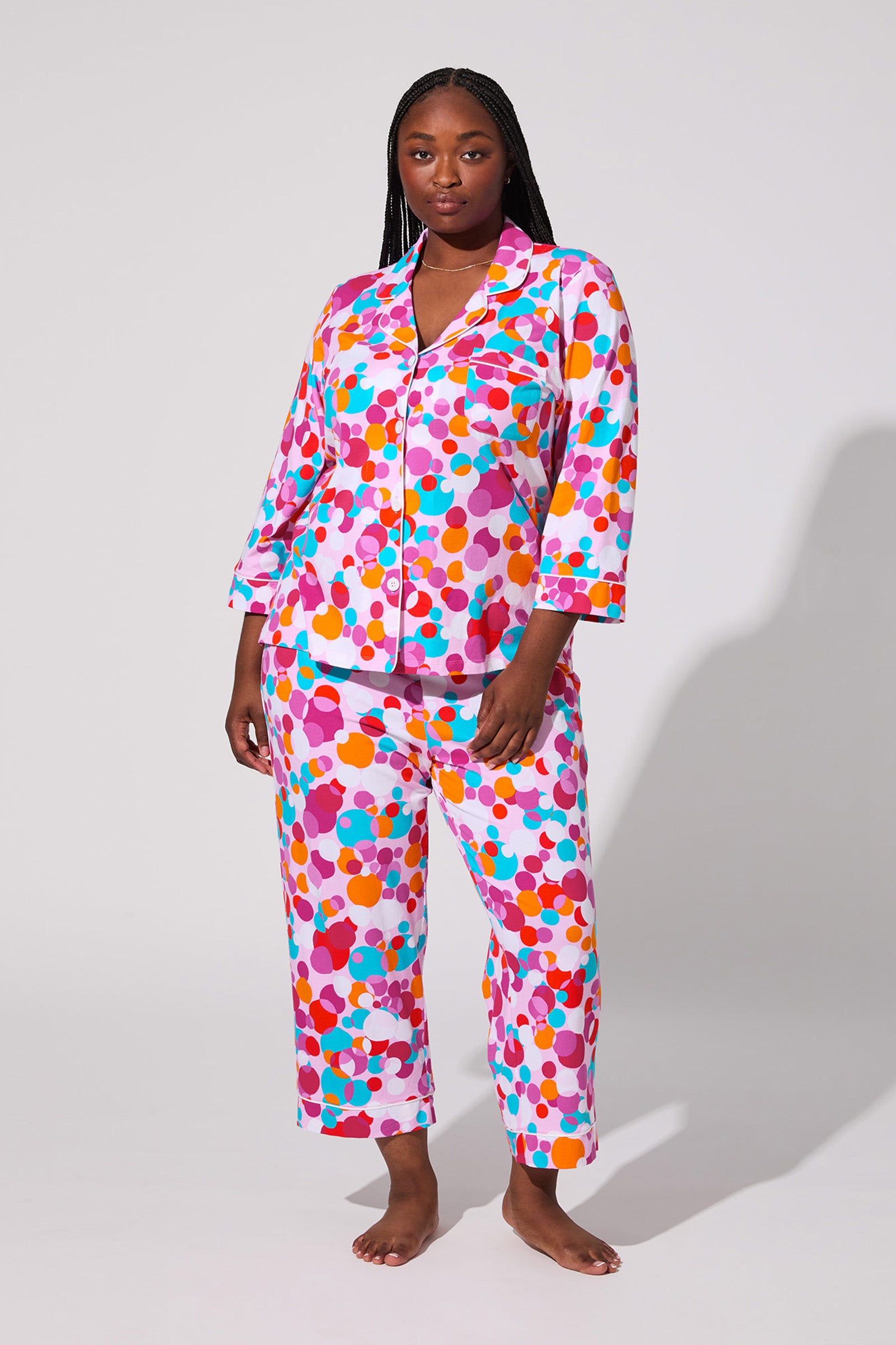 A woman wearing the Bubble Dots Crop Pj Set.