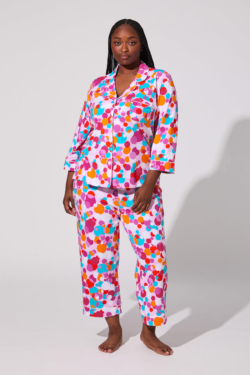A woman wearing the Bubble Dots Crop Pj Set.