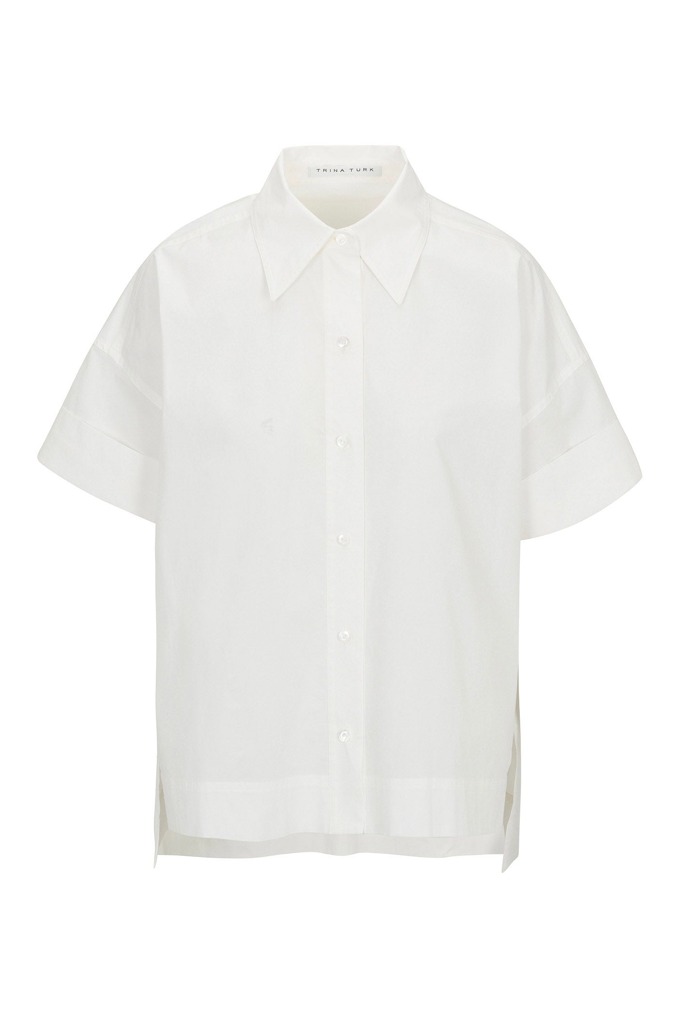 The Opponent Short-Sleeve Button-Up Top is a plain white shirt with short sleeves, a classic collar, relaxed fit, and side slits at the hem, shown on a white background.