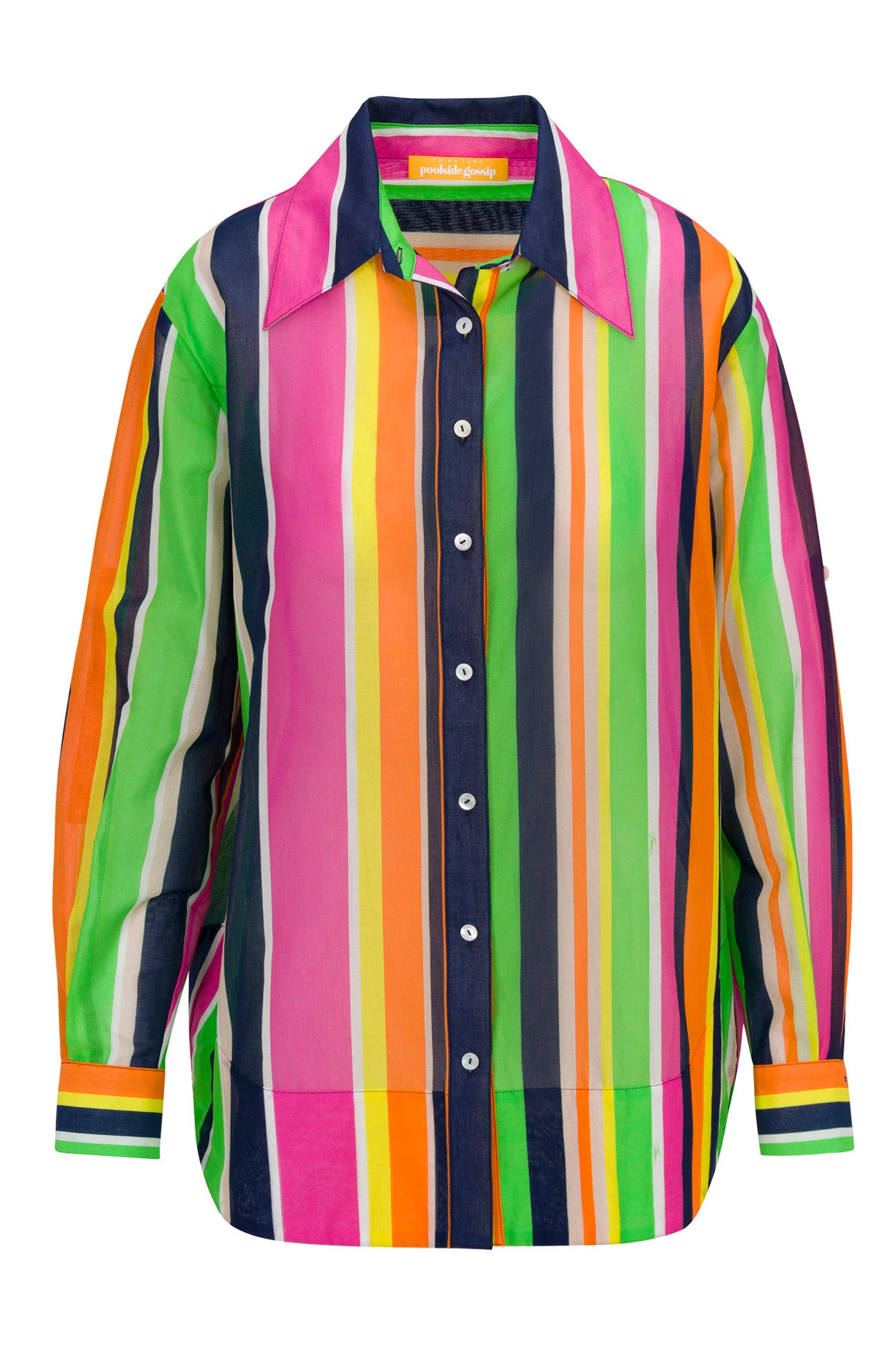 The Swing Short-Sleeve Top - Splash Stripe features vertical stripes in pink, green, orange, yellow, blue, and white. It has short sleeves, a pointed collar, and white buttons for a vibrant look.