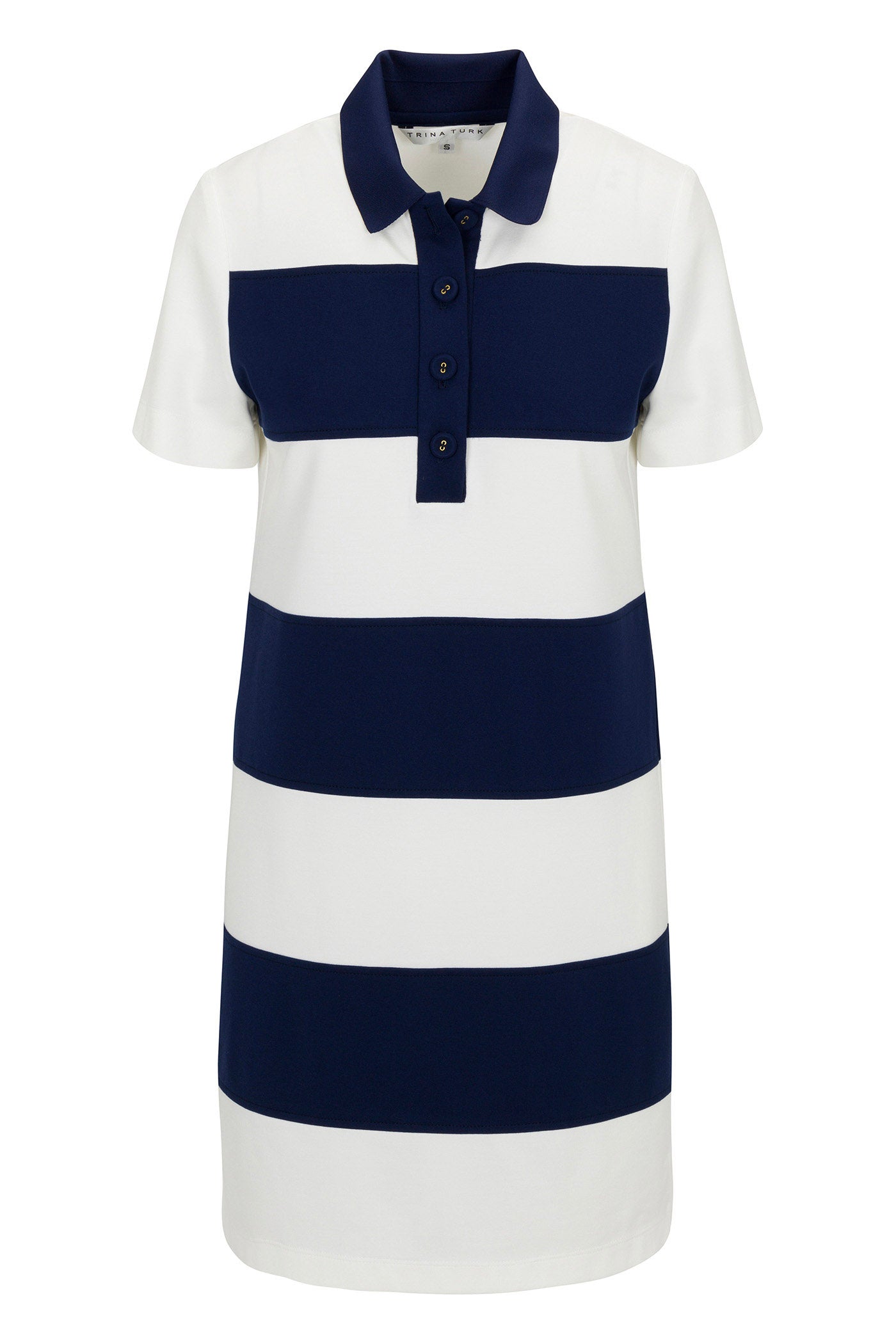 The Conners Striped Polo Dress - Cozy Ponte is a short-sleeved, knee-length dress with wide navy and white stripes, a navy collar, and a front buttoned placket.