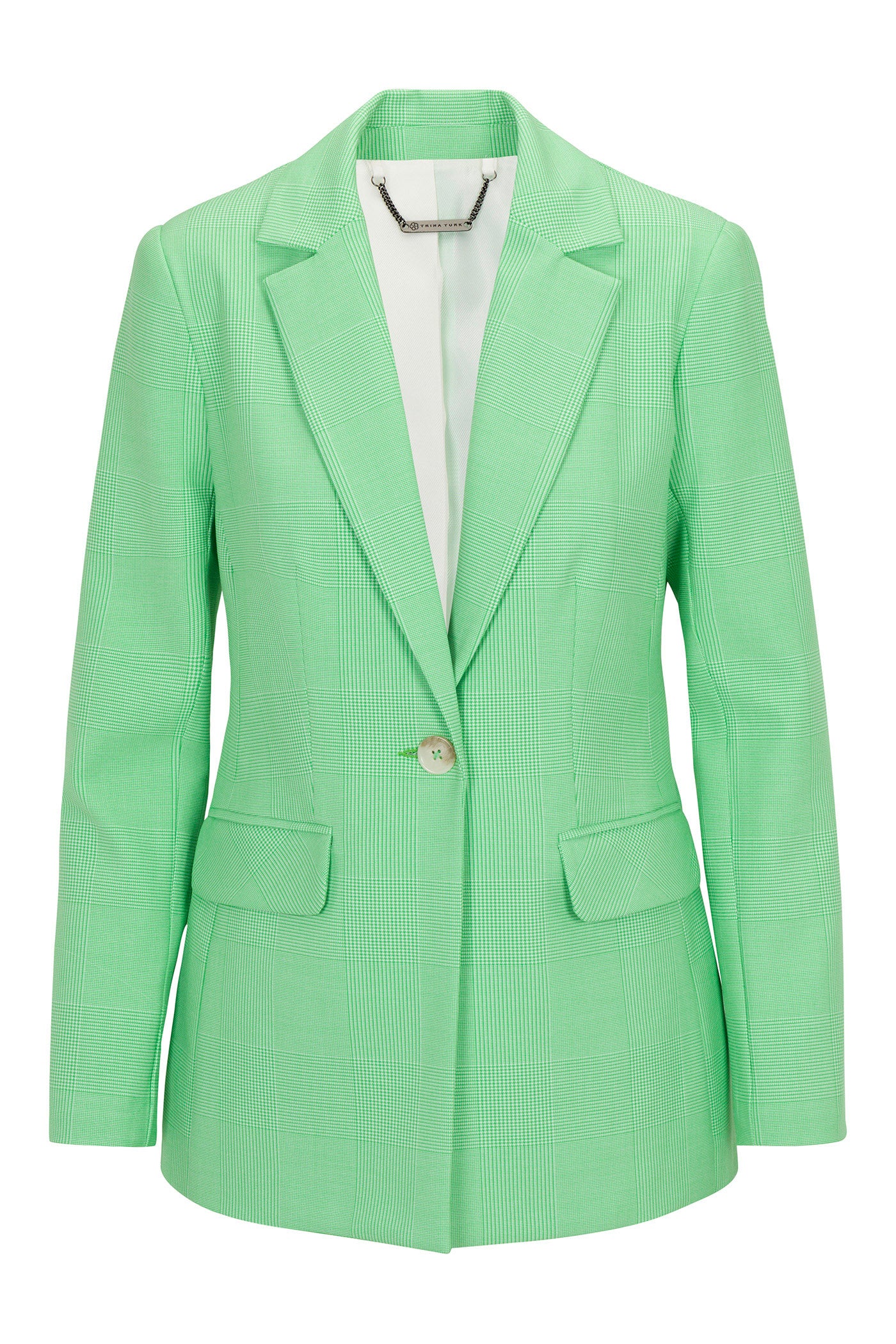 The Alternates Blazer - Game Time Glen Plaid is a light green women’s blazer with subtle pinstripes, notched lapels, a single button, flap pockets, and long sleeves, shown on a white background.