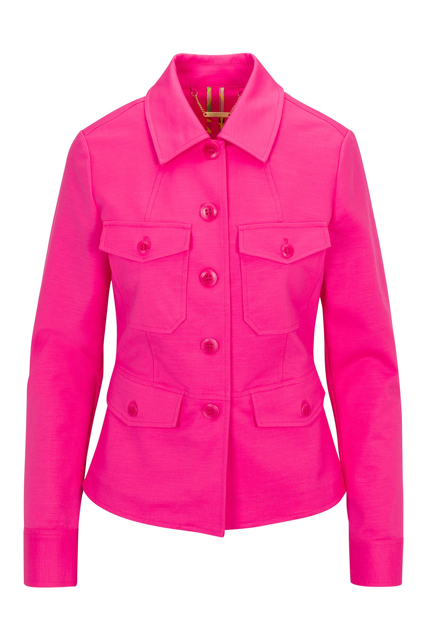 The Qualifier Button-Front Peplum Jacket - Solid Suiting is a bright pink womens jacket with a collared neckline, long sleeves, and four front pockets, shown against a white background.