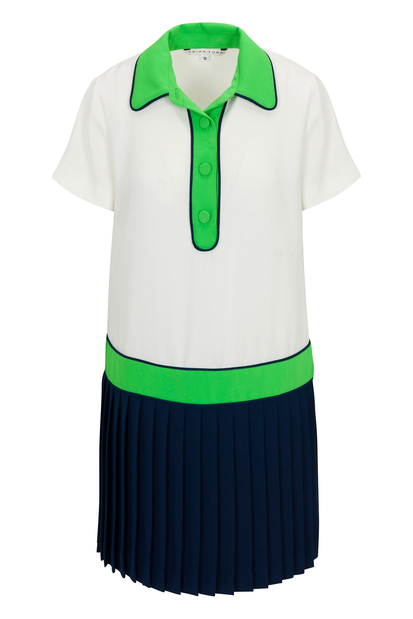 The Racquet 2 Colorblocked Drop Waist Dress is a short-sleeved style with a white top, green collar and trim, green buttons, a navy blue pleated skirt, and a horizontal green band above the skirt.