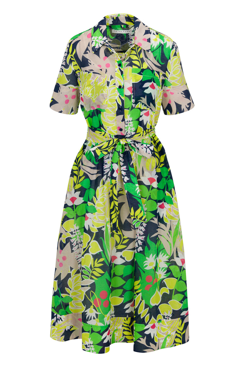 The Misola 2 Short-Sleeve Midi Dress - PS Eternal features a knee-length cut, collared neckline, button-down front, waist tie, and a vibrant green, yellow, white, and pink floral pattern on a dark background.