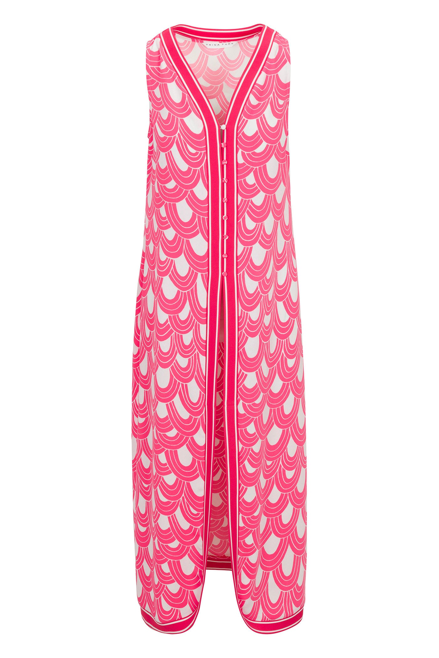 Slice Sleeveless Maxi Top - Ace Arches: A sleeveless long vest featuring a pink and white scallop pattern, open front, and bold pink trim along the edges.