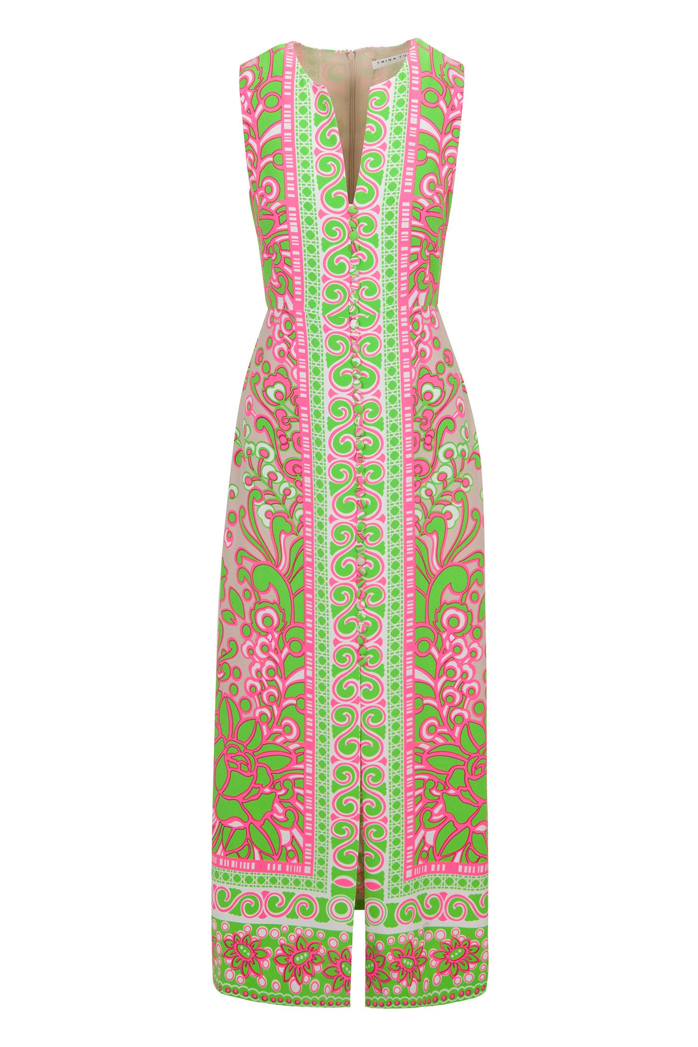 The Novak Sleeveless Midi Dress - Petra Floral features a V-neckline, front slit, and an intricate pink, green, and white floral swirl pattern on a beige background.