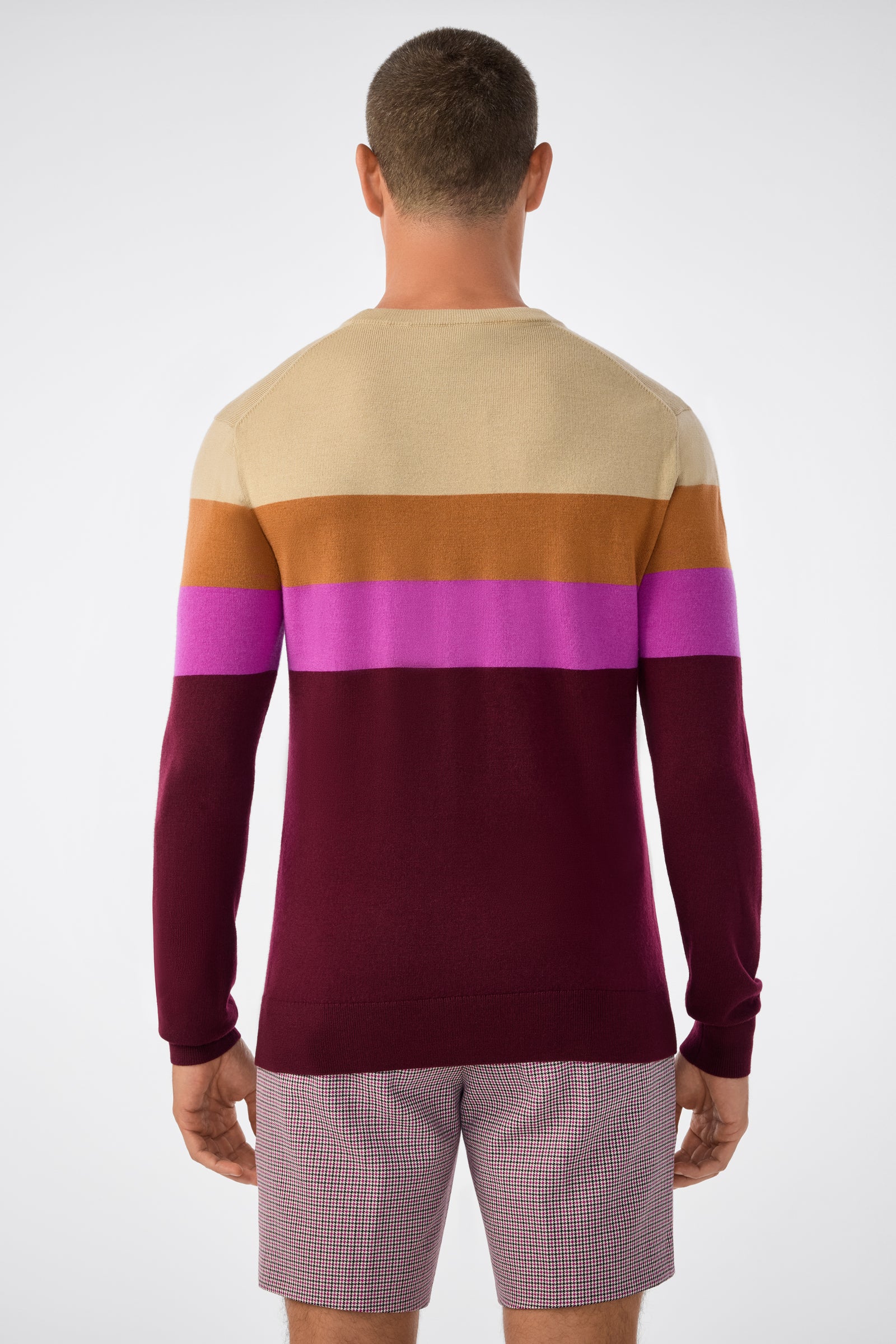 A man stands with his back to the camera, wearing the Romero Sweater—featuring wide beige, brown, purple, and burgundy stripes—and patterned shorts. The background is plain and light-colored.