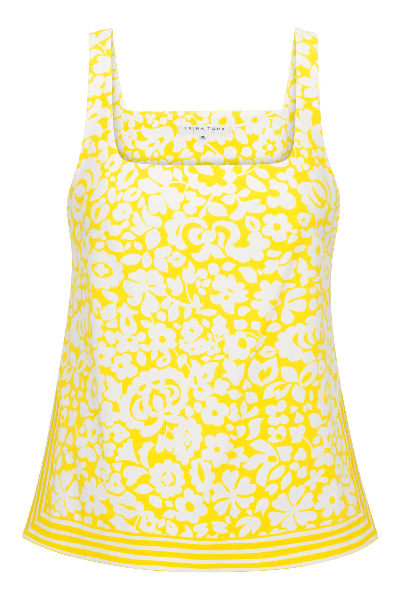 Aspire 2 Sleeveless Top - Poolside Gossip: A sleeveless yellow and white floral print top with a square neckline and striped hem detail.