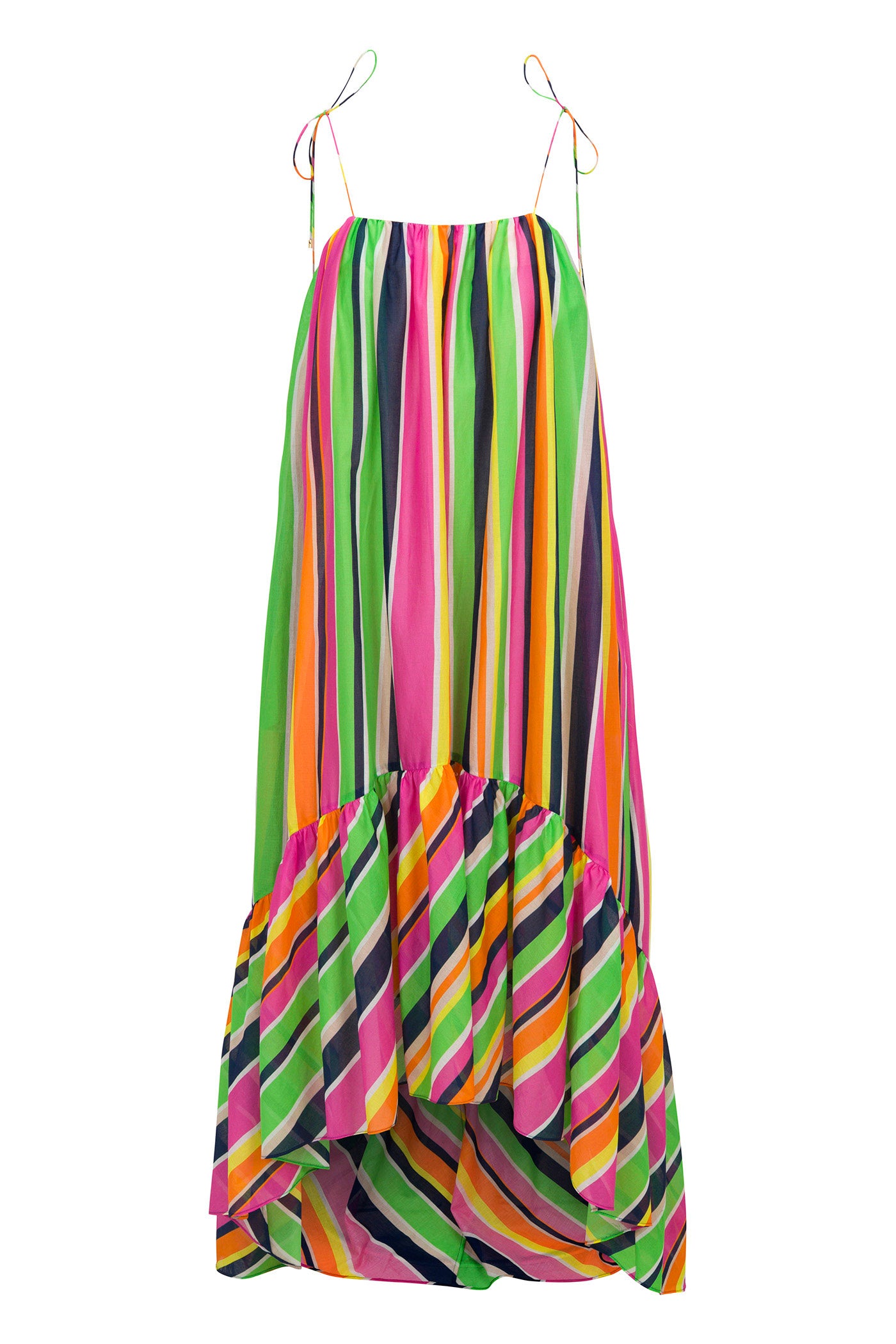 The Enchant 2 Sleeveless Dress - Splash Stripe is a loose-fit, sleeveless dress with thin straps and a ruffled hem, featuring vertical and diagonal stripes in pink, green, yellow, orange, blue, and black.