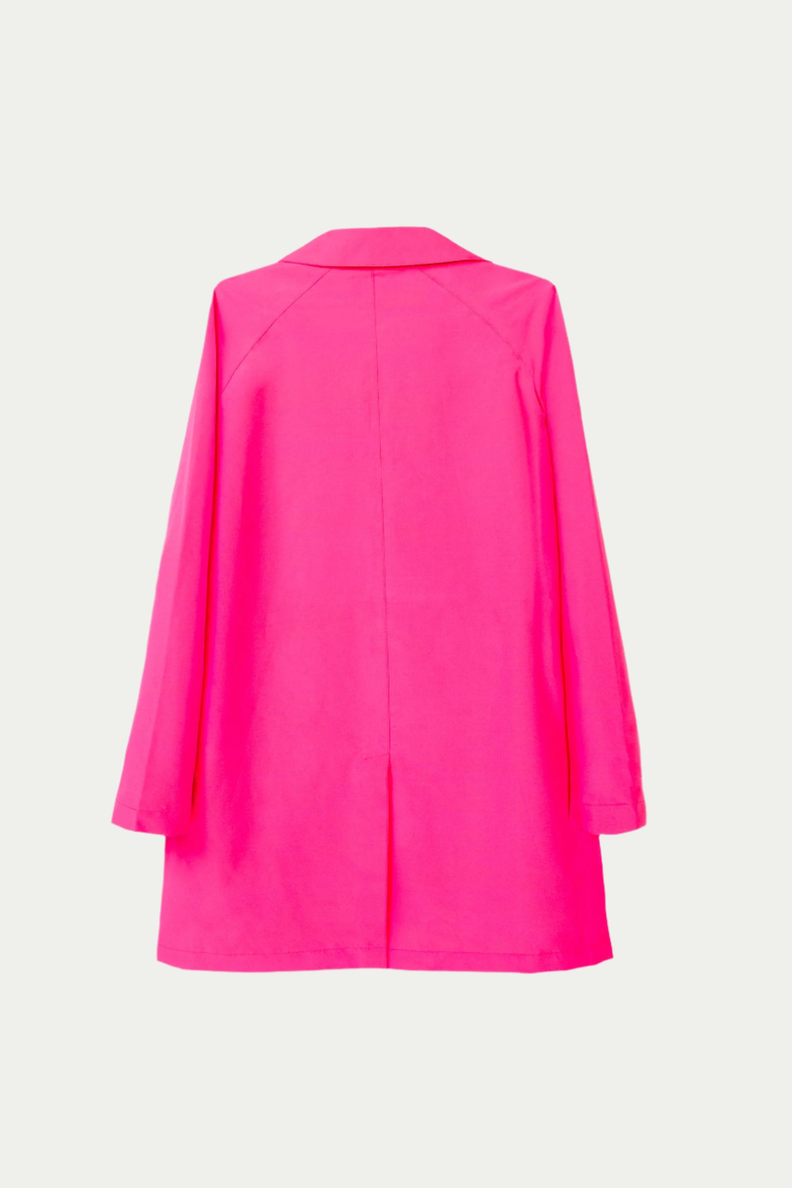 The TT X SR Mac Rain Coat in bright pink is shown from the back against a white background, featuring a visible collar and a center seam down the middle.