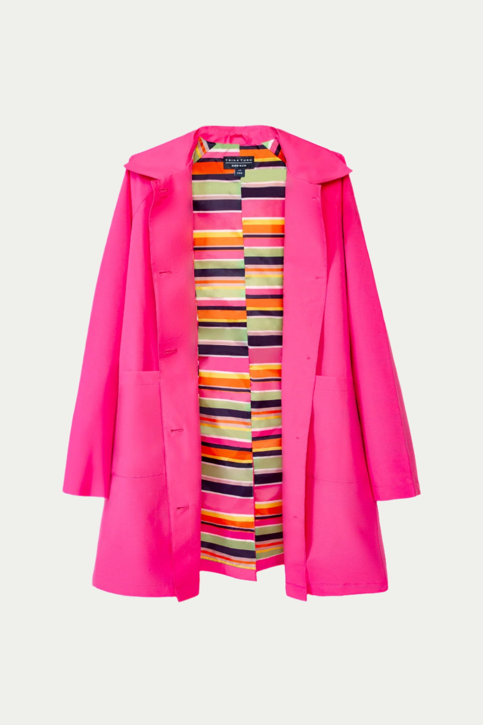 The TT X SR Mac Rain Coat - Pink features a bright pink color, open front, colorful striped lining in yellow, pink, purple, white, and black, two large front pockets, and a relaxed fit.