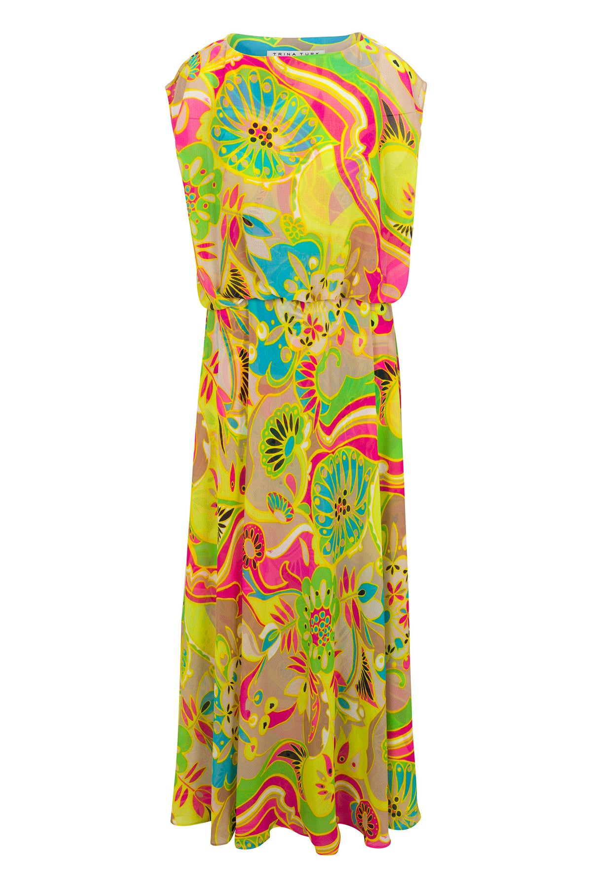 The Vantage Short-Sleeve Maxi Dress - Venus features a vibrant, abstract floral pattern in yellow, pink, green, and blue. This relaxed-fit dress includes a slightly cinched waist for shape and offers stylish comfort.