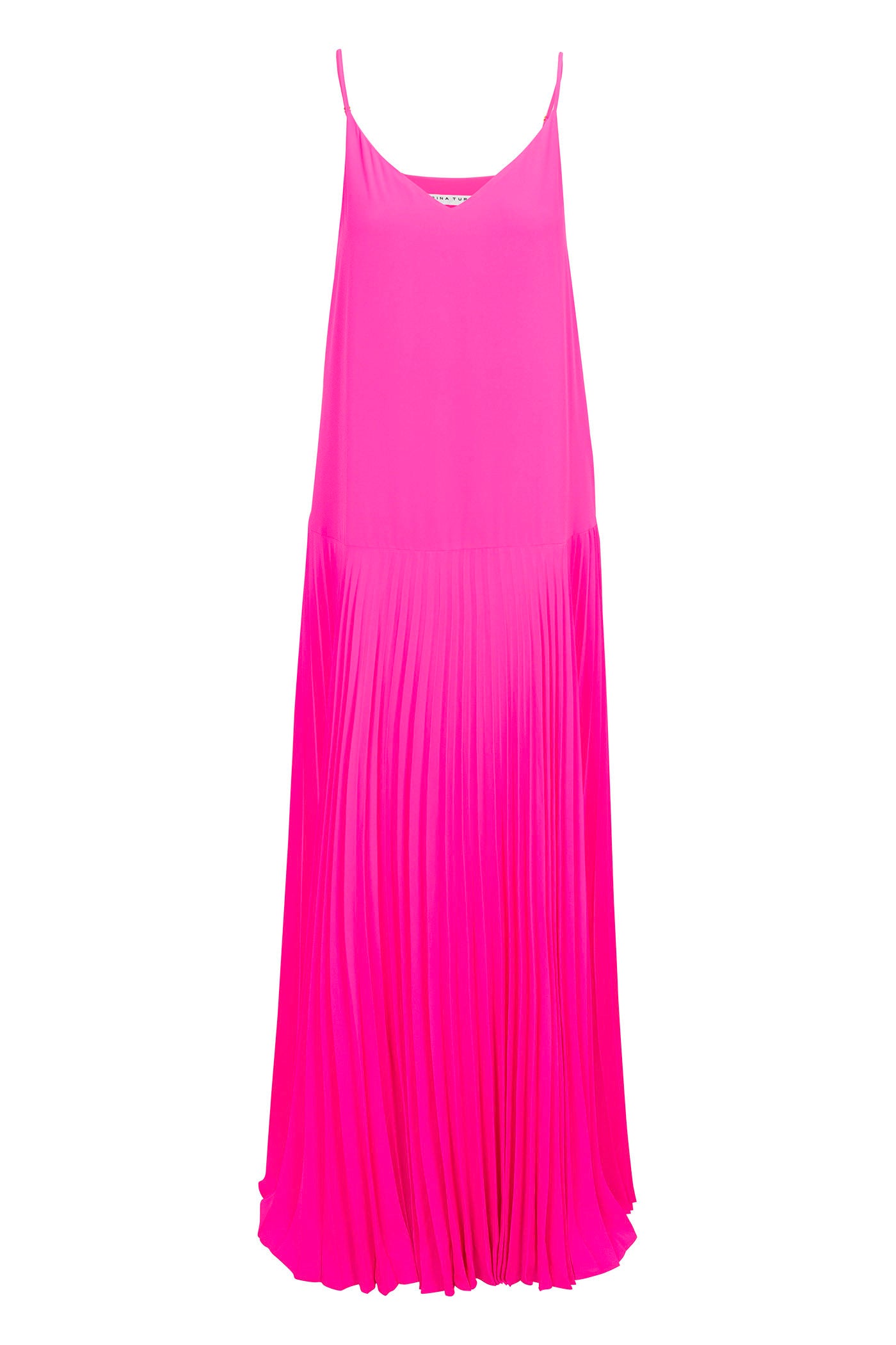 The Carve Sleeveless Drop-Waist Pleated Maxi Dress features a bright pink hue, thin spaghetti straps, and a pleated skirt for standout style.