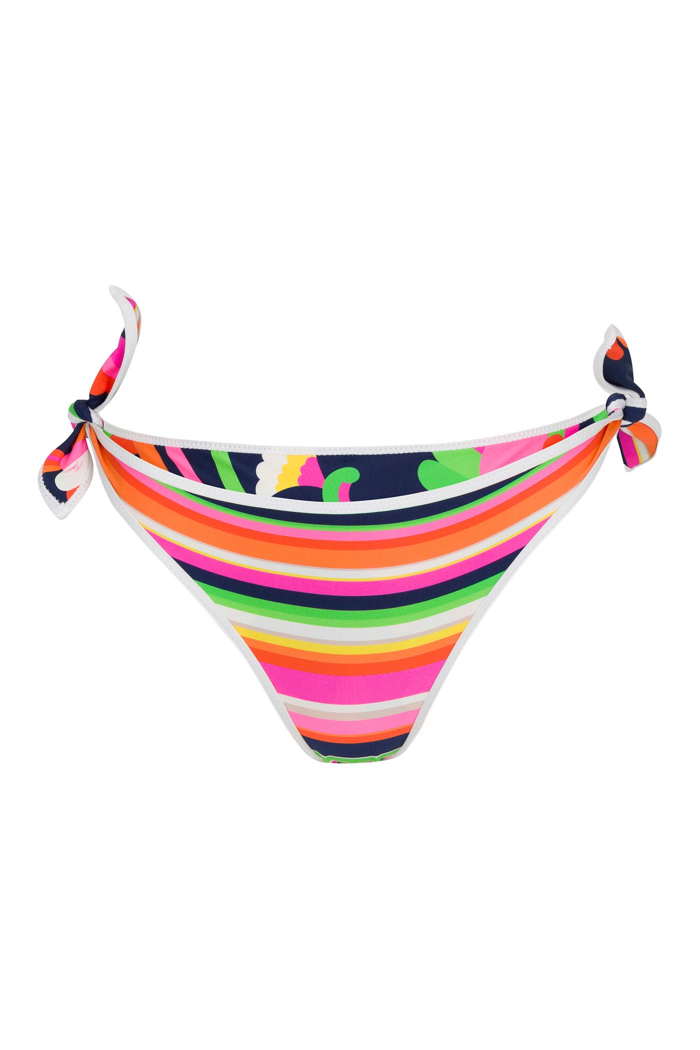 The Reversible Tie Side Swim Bottom - Splash Stripe features colorful stripes in vibrant pink, orange, yellow, green, blue, and white with adjustable side ties.