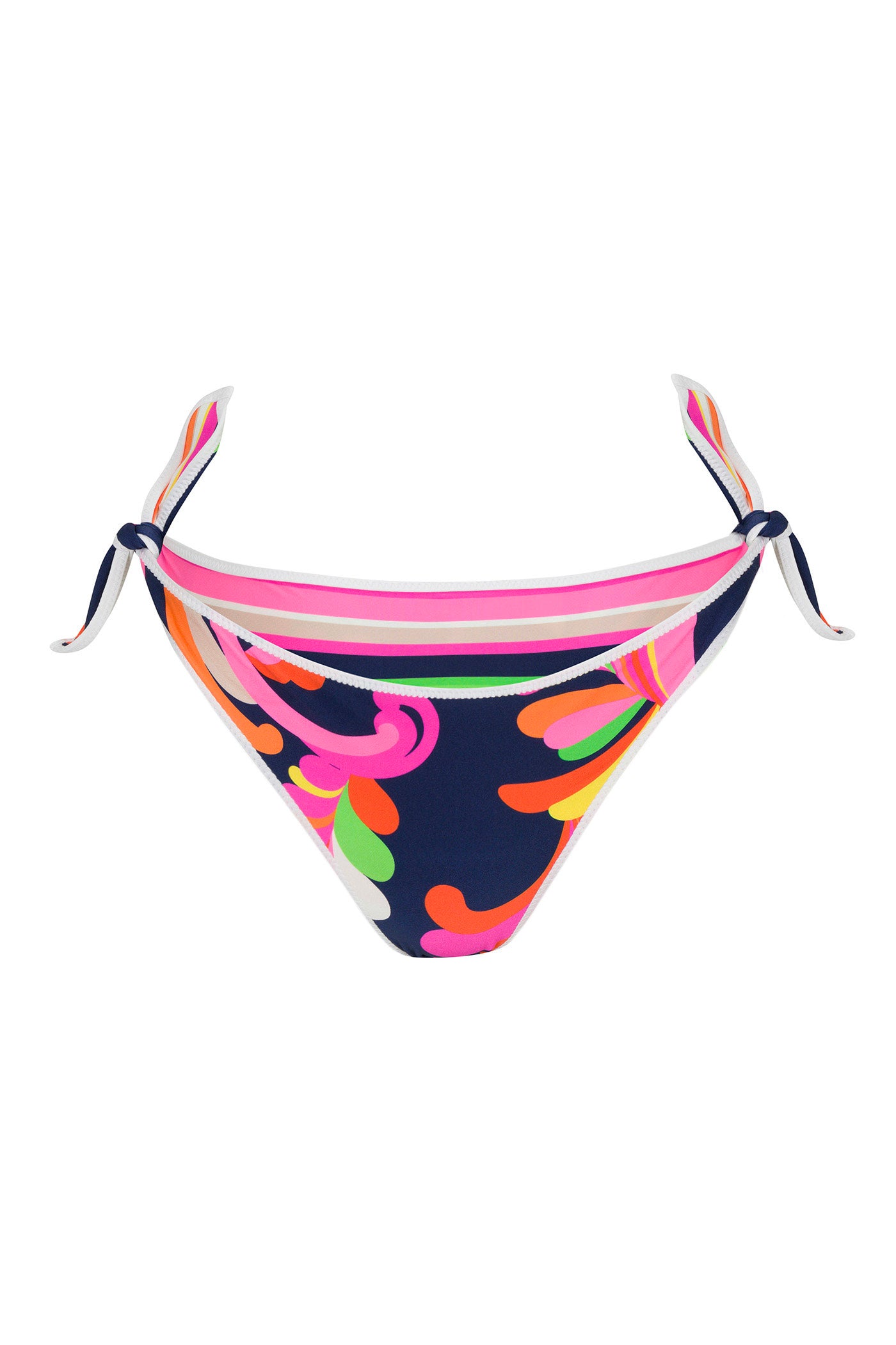 The Reversible Tie Side Swim Bottom - Splash Stripe is a navy bikini bottom with colorful abstract patterns, pink and white striped trim at the top, and adjustable side ties.