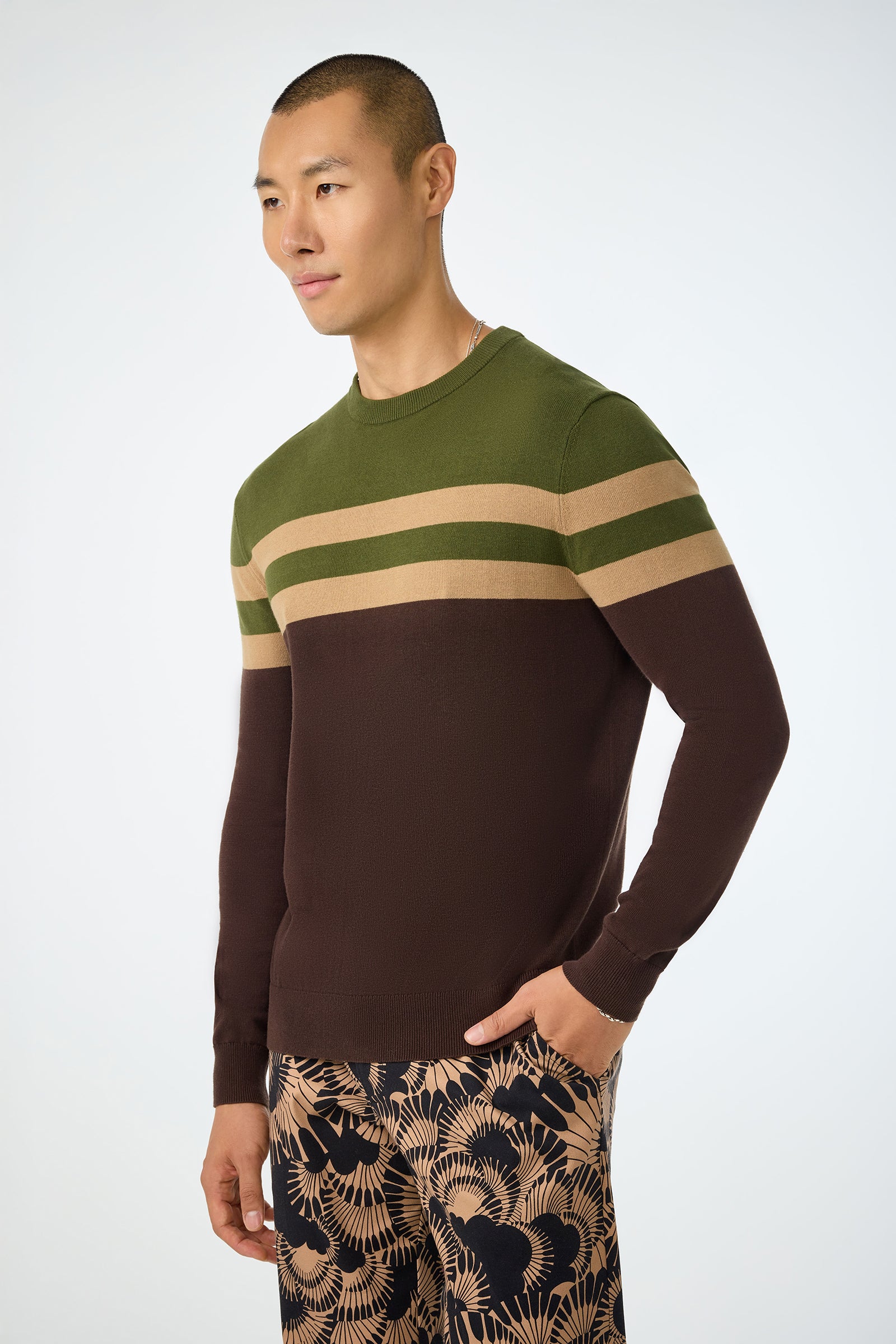 A man with short hair wears the Romero Crewneck Sweater featuring green, tan, and brown horizontal color-blocked stripes, paired with botanical patterned pants, standing against a plain light background.