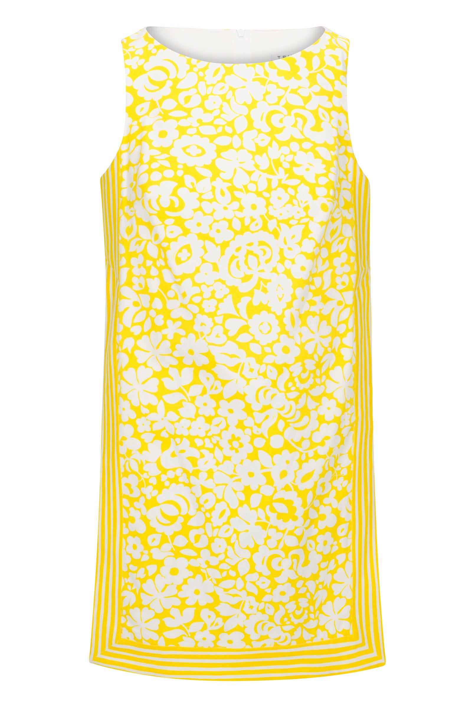The Brynne 3 Sleeveless Dress - Poolside Gossip features a white base with a yellow floral print and yellow striped borders along the hem and sides.
