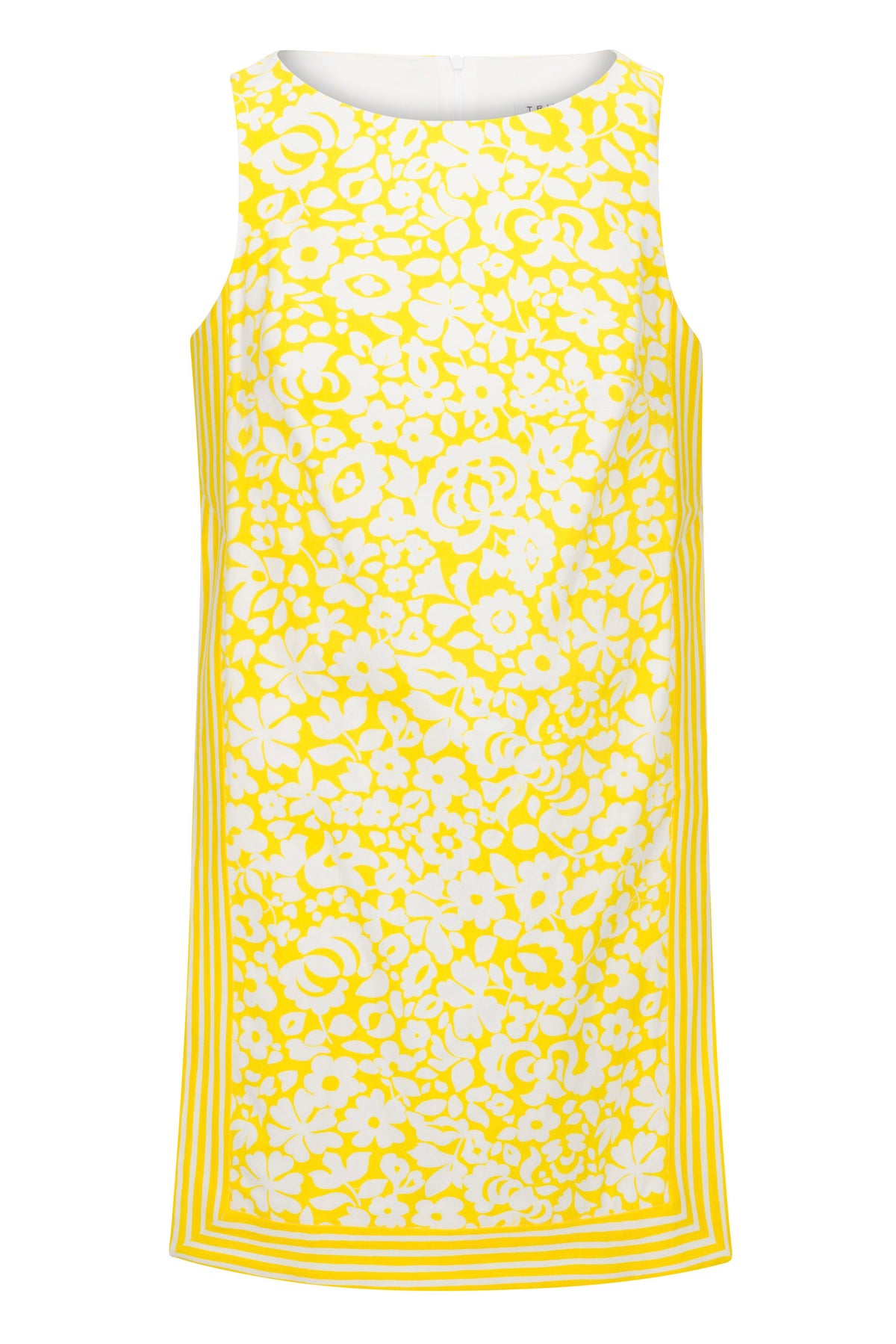 The Brynne 3 Sleeveless Dress - Poolside Gossip features a white base with a yellow floral print and yellow striped borders along the hem and sides.