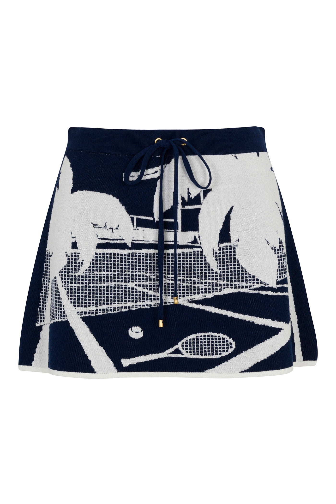 The Marina Drawstring Graphic Knit Miniskirt is navy blue and white with a drawstring waist, featuring palm trees, a tennis court, racket, and ball graphics.