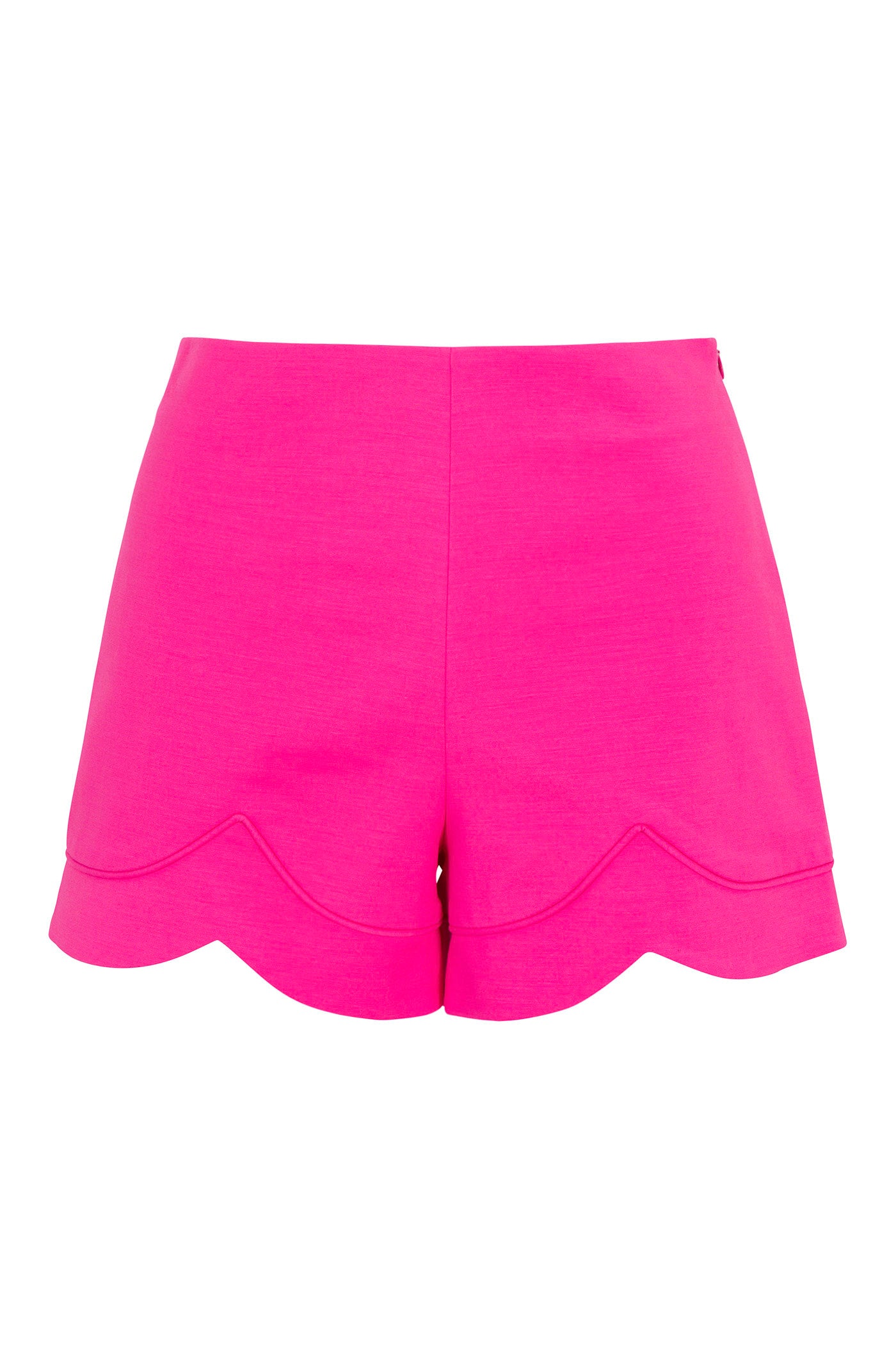 The Centre Scallop-Hem Short - Solid Suiting features a bright pink color, high waist, scalloped hem, and smooth fitted design in soft, structured fabric.