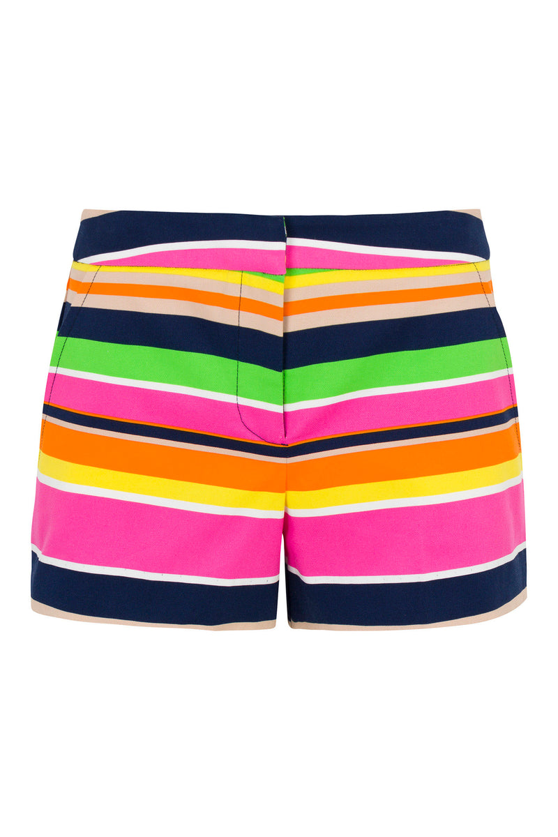 The Corbin 2 Shorts - Splash Stripe are womens shorts featuring horizontal stripes in navy blue, pink, orange, yellow, and green, a fitted waist, front closure, and a bold, vibrant pattern.