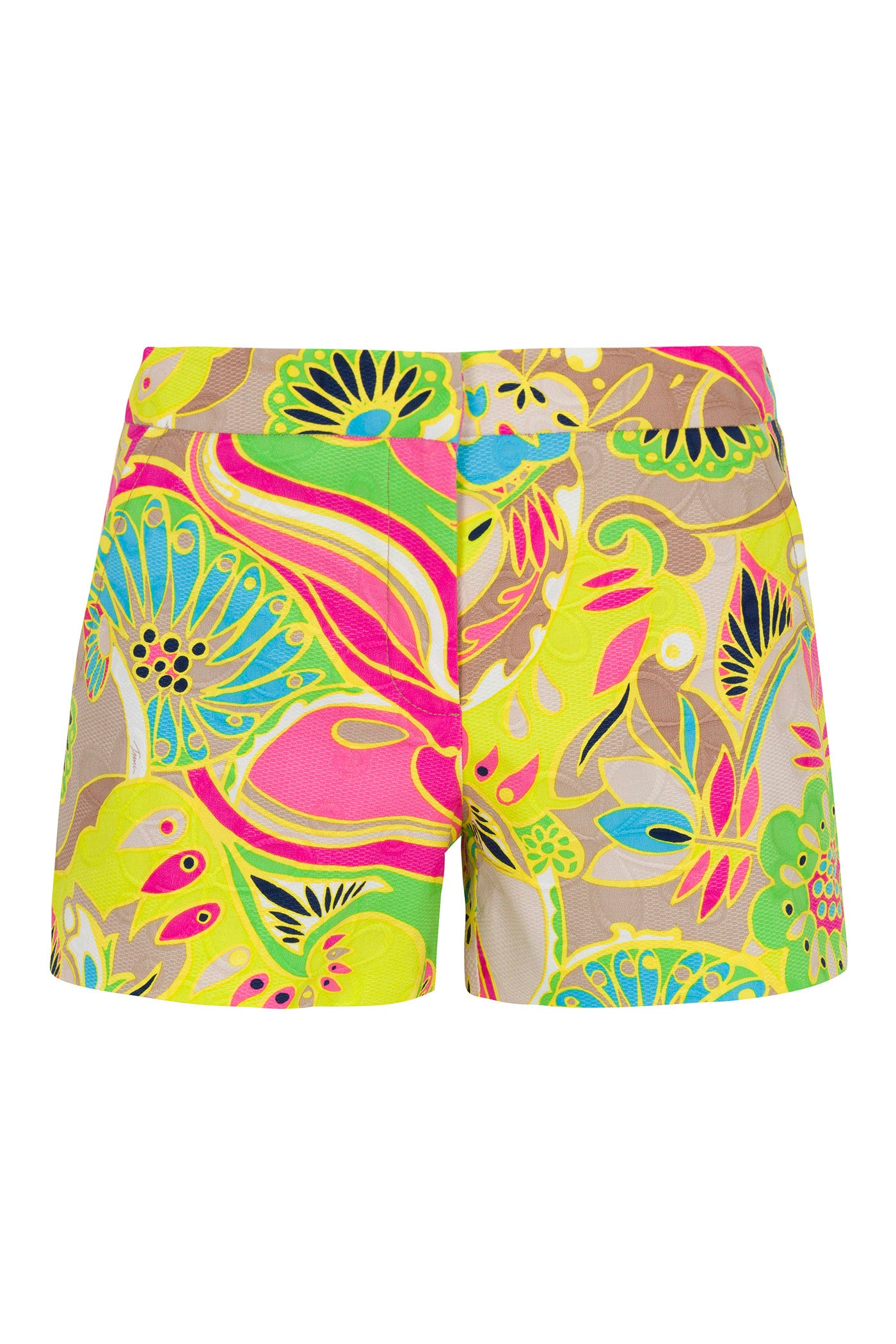 Corbin 2 Shorts - Venus: Colorful womens shorts featuring a vibrant, abstract floral pattern in yellow, green, pink, turquoise, and beige with bold shapes and swirling motifs.