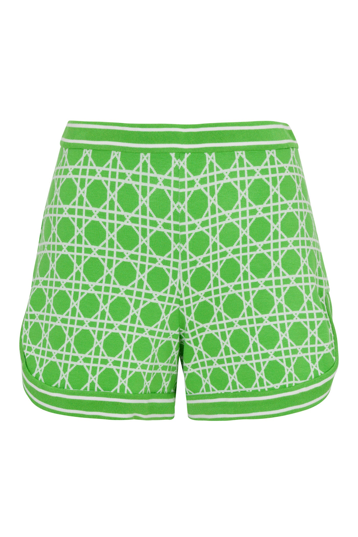 The Steffi Elastic Waist Short - Billie Jean features a green high-waisted design with a white geometric lattice pattern, an elastic waistband for comfort, and white trim on the hem and sides.