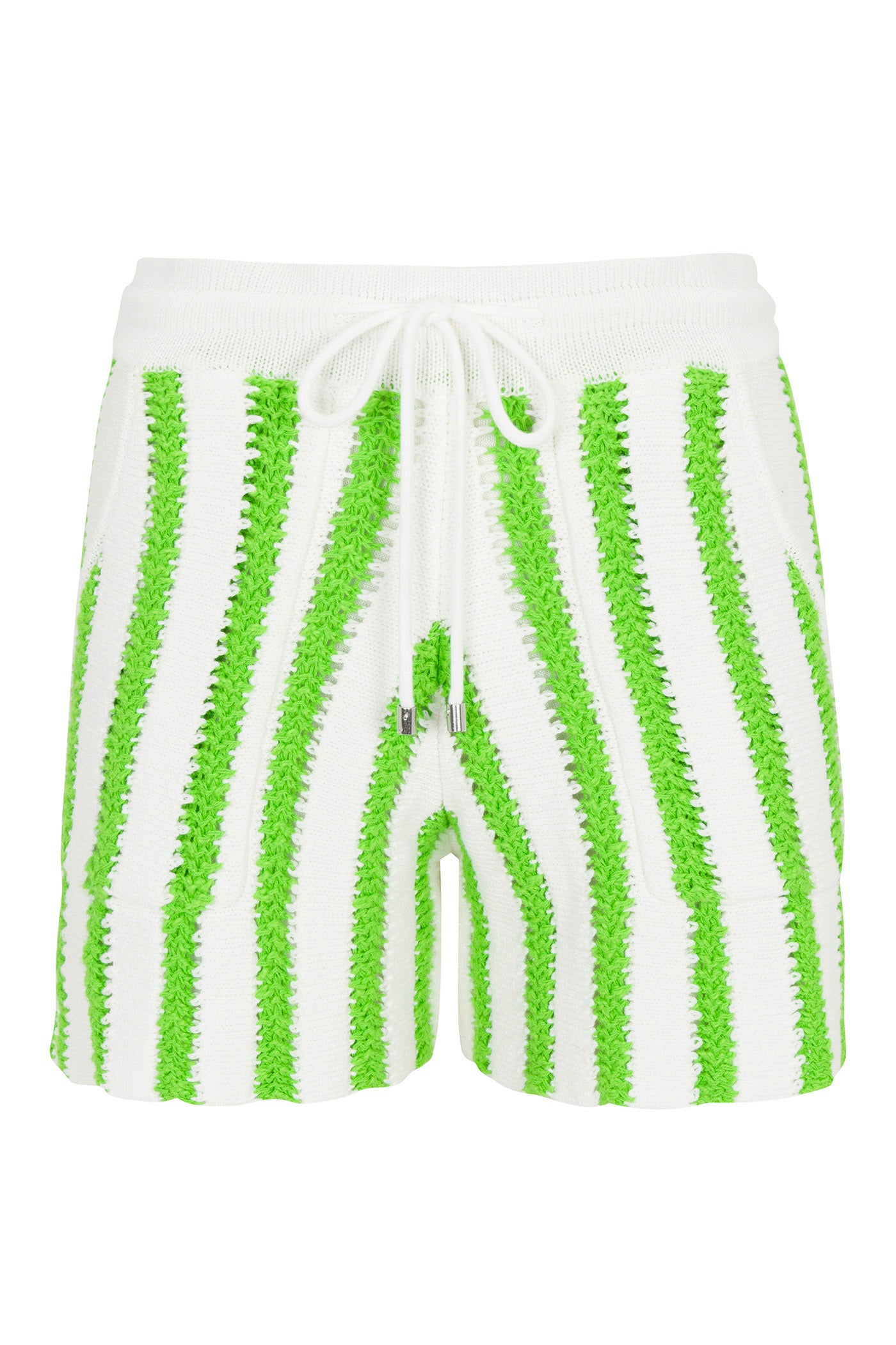 The Aryna Striped Elastic Waist Knit Short features white knit fabric with vertical bright green textured stripes, an elastic waistband, front drawstring tie, and two side pockets.