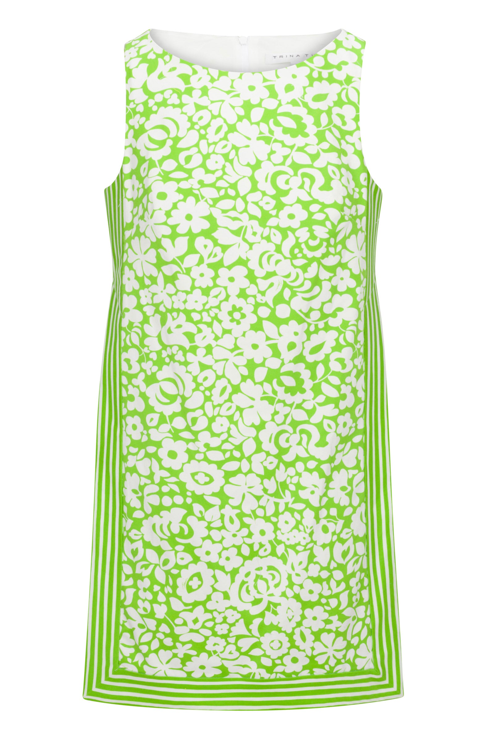 The Brynne 3 Sleeveless Dress - Poolside Gossip features a bright green and white floral pattern with a straight cut and green striped borders along the hem and sides.