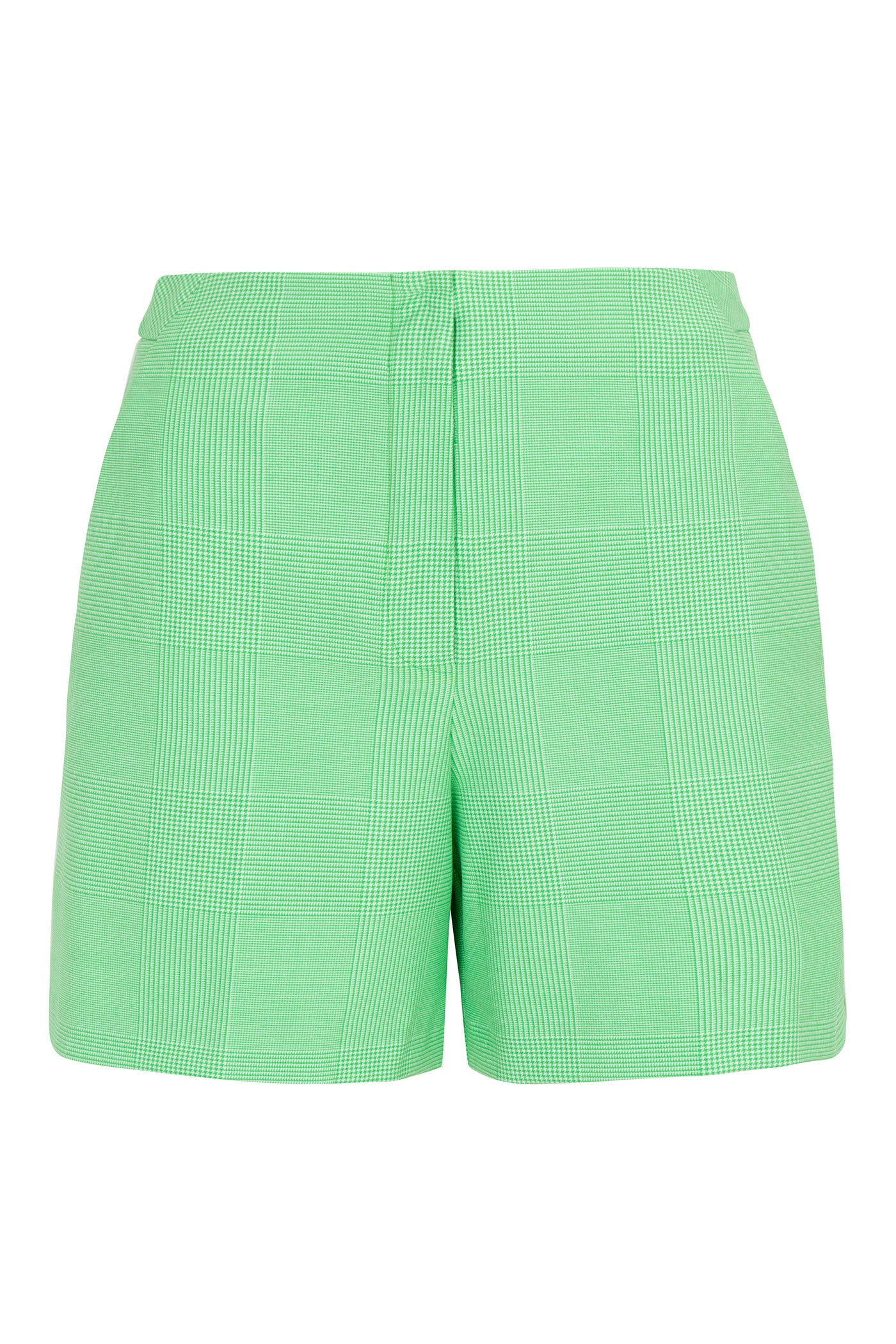 Valera Shorts - Game Time Glen Plaid: green high-waisted shorts with a subtle glen plaid pattern, a fitted waist, and a clean, tailored finish.