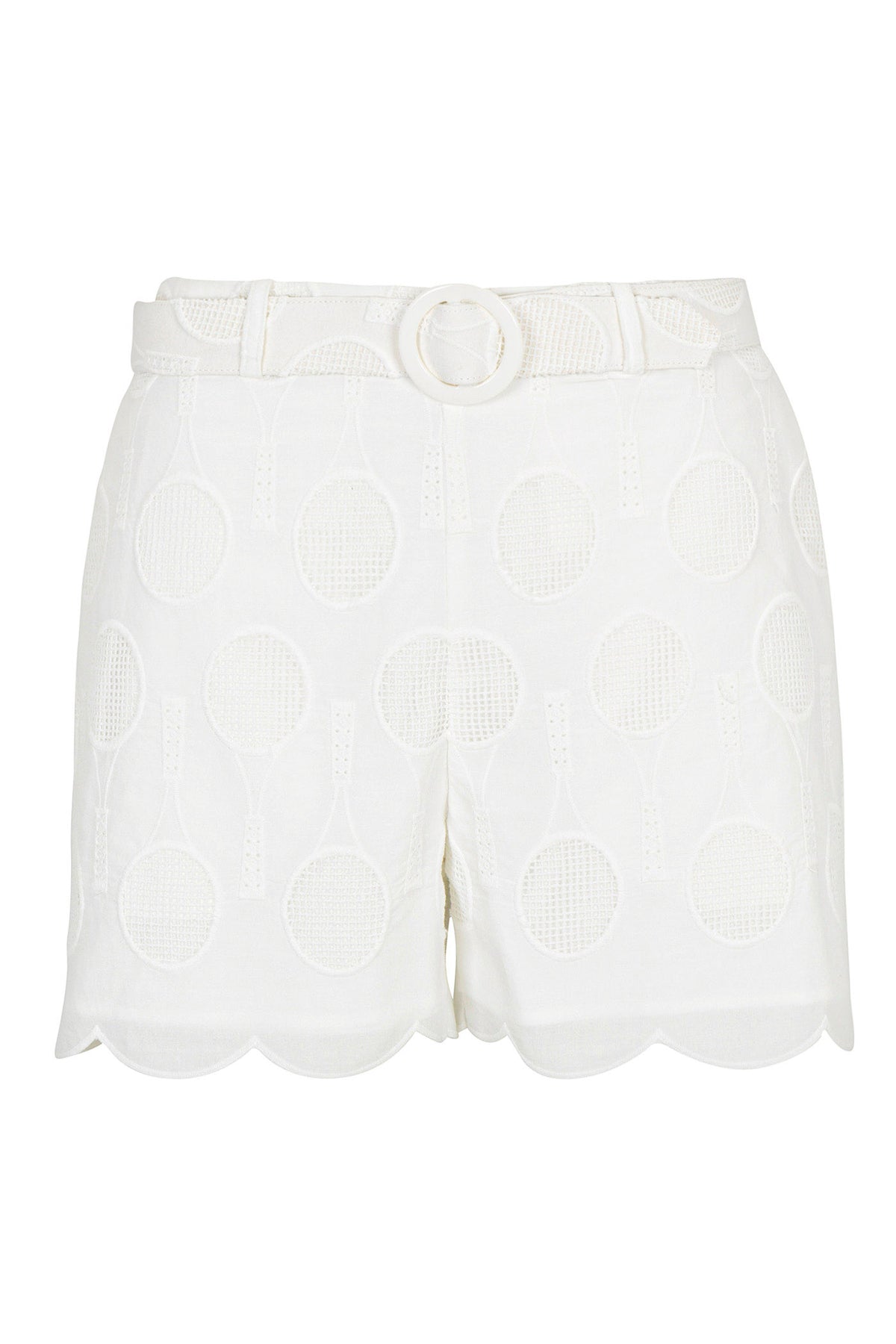 The Deuce Belted Short - Tennis Eyelet features a white high-waisted fit, scalloped hem, decorative round buckle belt, and an allover embroidered tennis racket pattern.