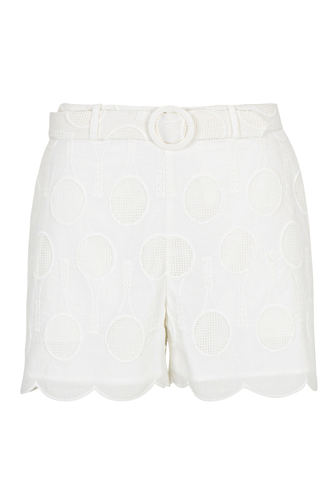 The Deuce Belted Short - Tennis Eyelet features a white high-waisted fit, scalloped hem, decorative round buckle belt, and an allover embroidered tennis racket pattern.