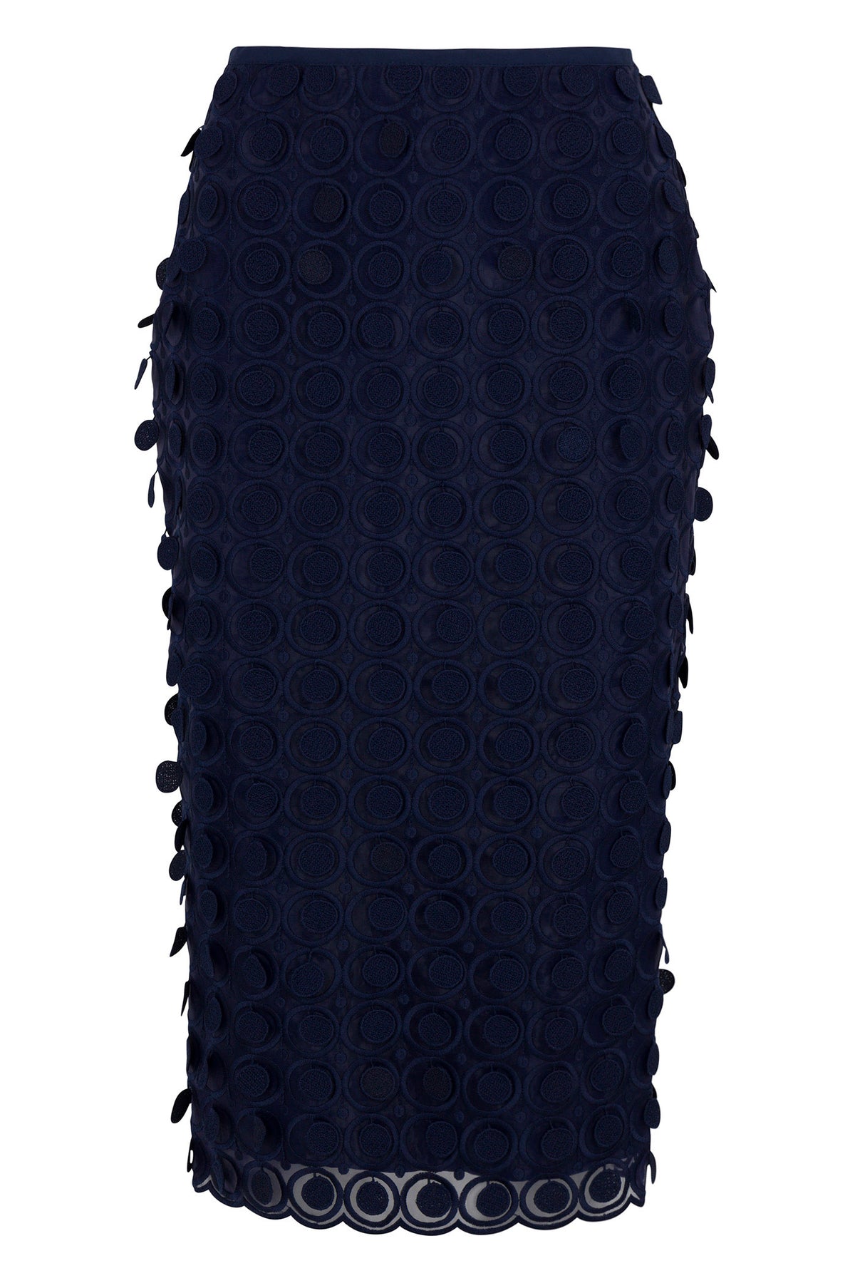 The Dita 2 Midi Pencil Skirt in navy blue features Agassi embroidery with a textured circular pattern, small side appliqués, a scalloped hem, and a fitted silhouette.