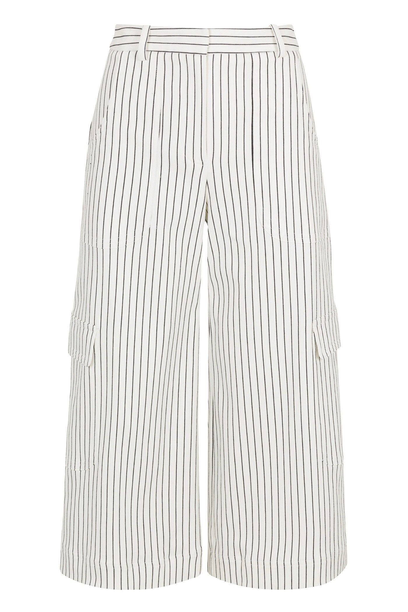 The Agassi Wide-Leg Cargo Pant - Seles Stripe features white fabric with vertical black pinstripes, belt loops, and side pockets. These relaxed-fit pants are cropped to mid-calf length.