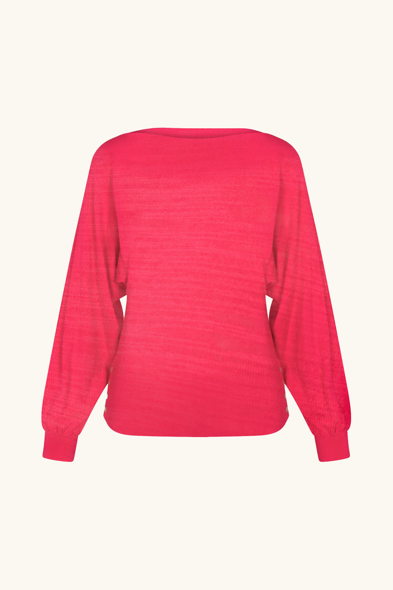 The Ramona 2 Boatneck Sweater is a bright pink, loose-fit long-sleeve top with cuffed sleeves and a simple boatneck, shown from the back against a plain light background.