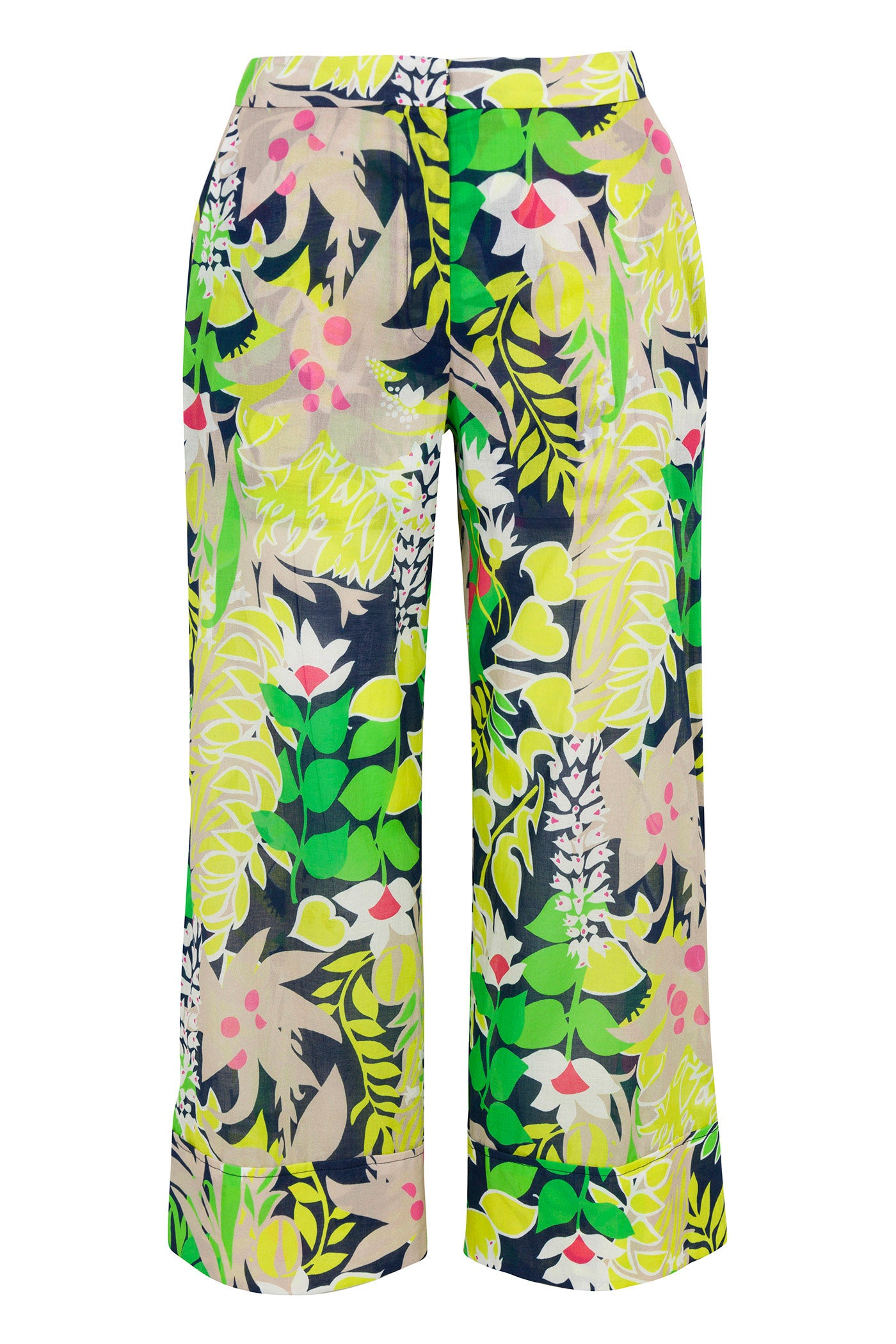 The Wilson Wide-Leg Pant - PS Eternal features a bold, colorful tropical print with green, yellow, beige, pink, and navy botanical patterns, displayed from the back against a white background.