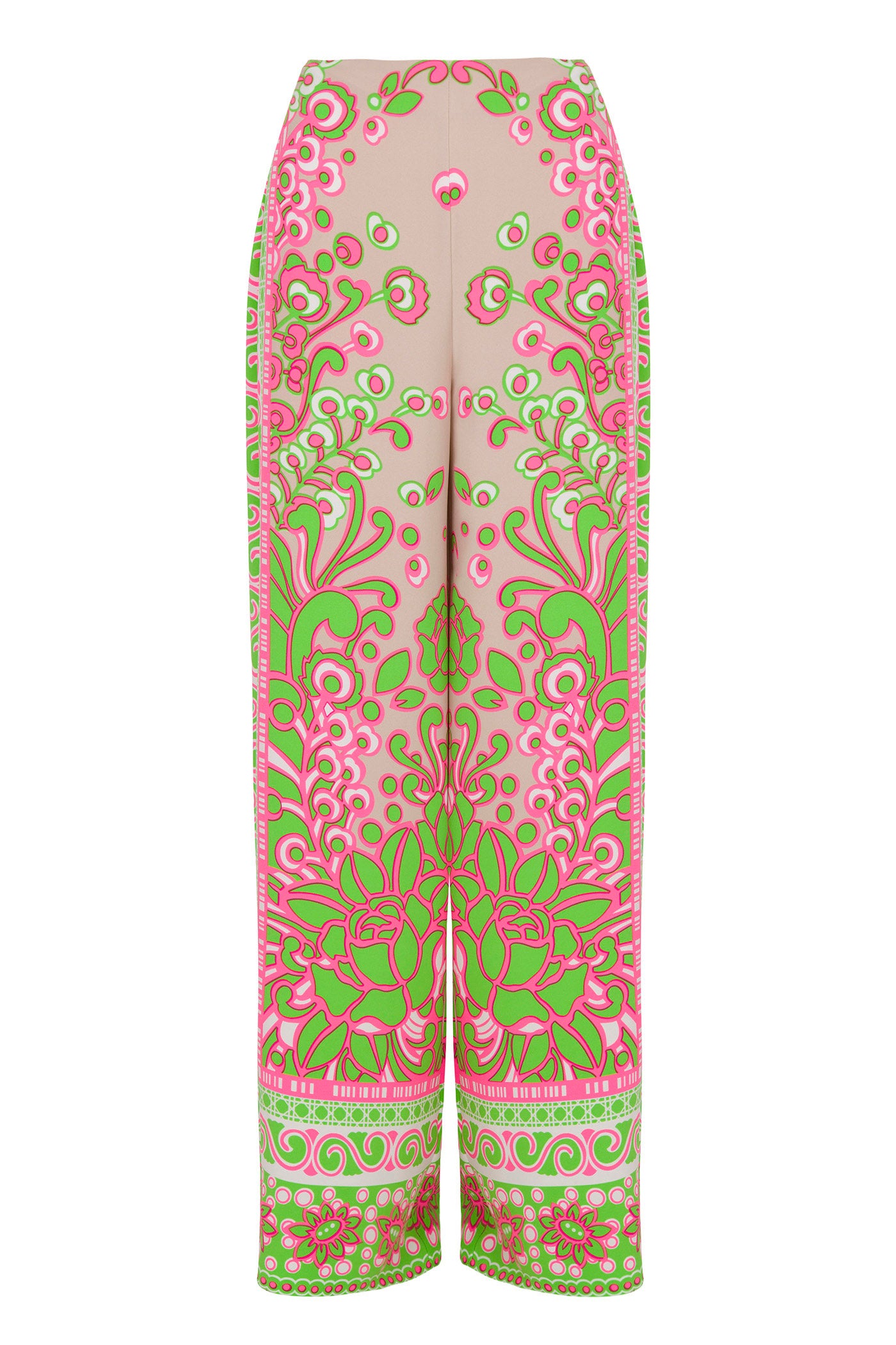 The Federer Wide-Leg Pant - Petra Floral features a high waist and wide-leg design with intricate neon pink and green floral and paisley patterns on light beige, creating a detailed, symmetrical look across the entire fabric.