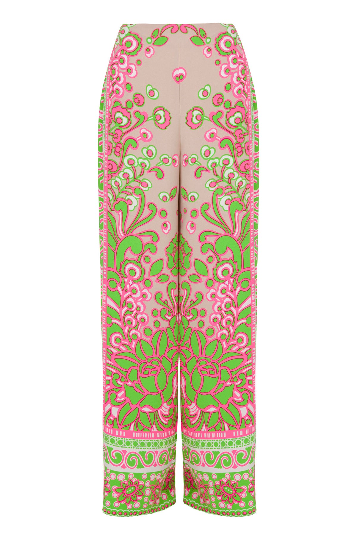 The Federer Wide-Leg Pant - Petra Floral features a high waist and wide-leg design with intricate neon pink and green floral and paisley patterns on light beige, creating a detailed, symmetrical look across the entire fabric.