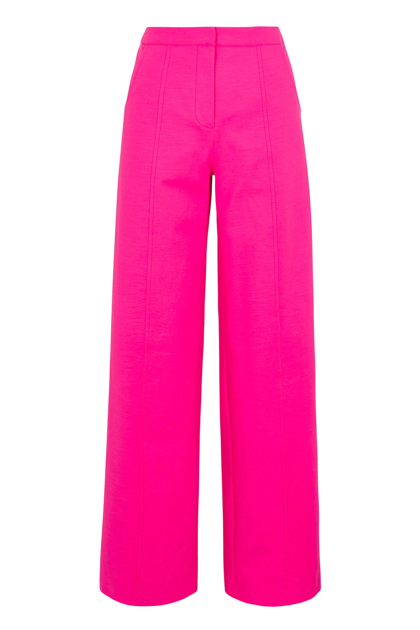 The Half Court Wide-Leg Pant in solid suiting features a bright pink, high-waisted silhouette with front seam details, displayed against a plain white background.