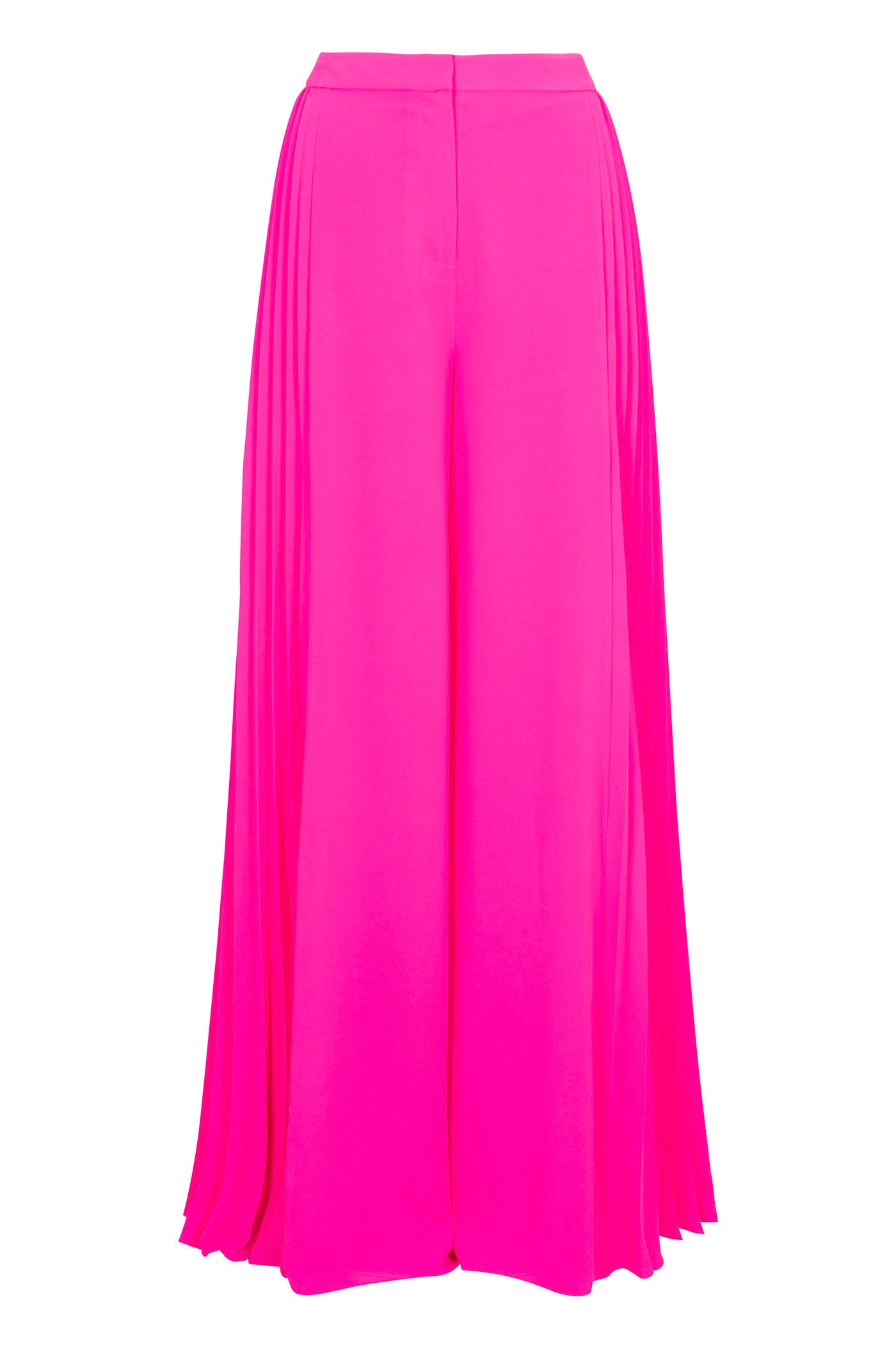Frame Wide-Leg Pleated Pant - GS Georgette in bright pink features a high waist, flowy pleated design, wide legs, and a front zipper closure, shown against a white background.