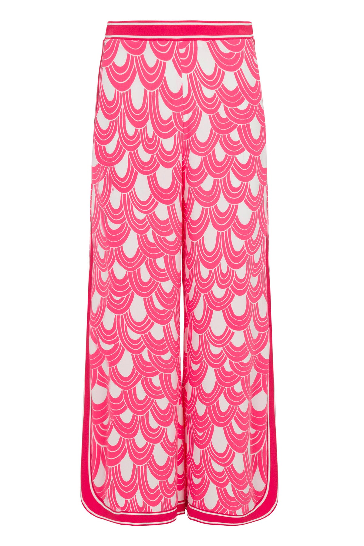 The Overhead Wide-Leg Pant - Ace Arches features a high waist, bold pink and white scalloped pattern, and pink trim along the sides and waistband.