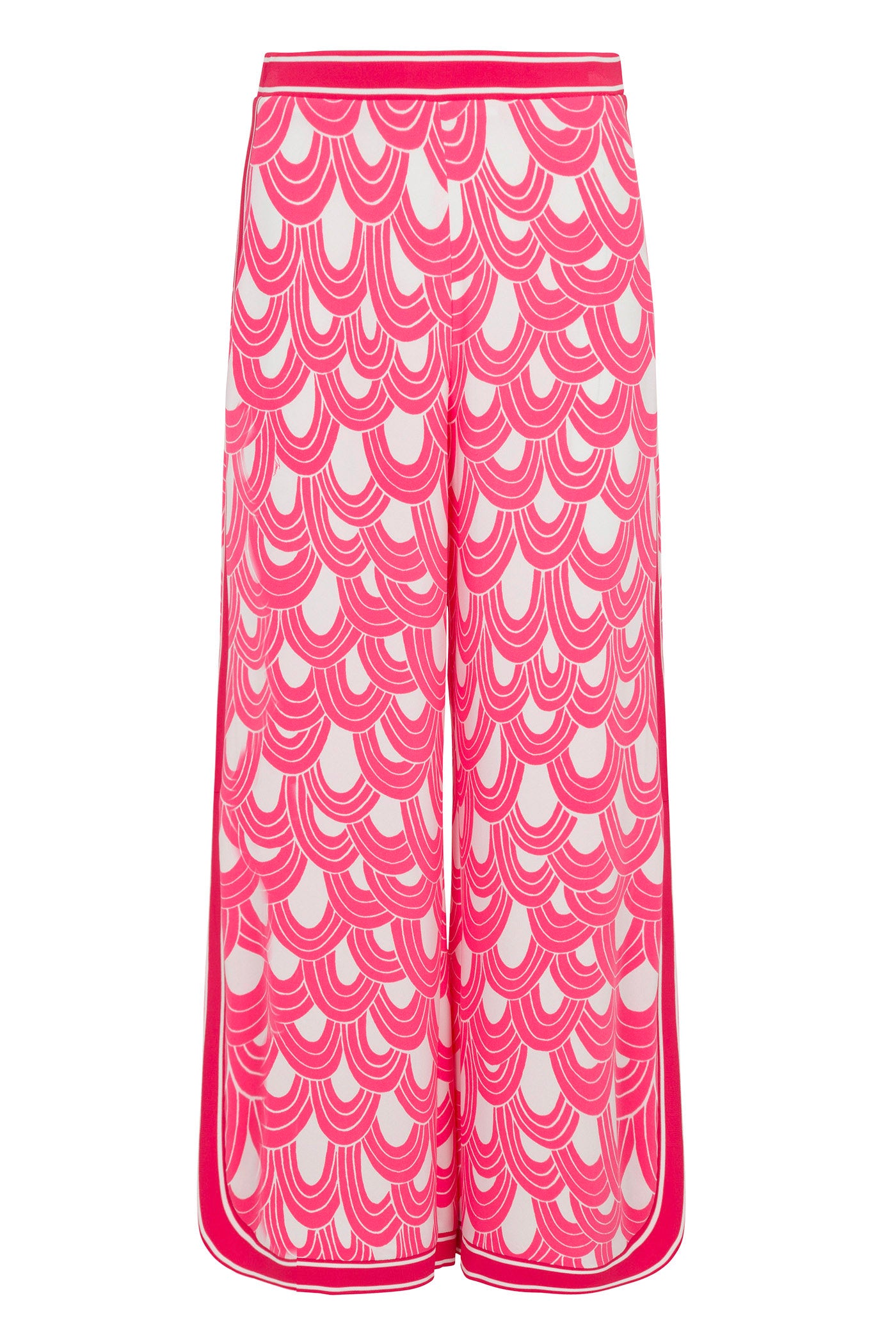 The Overhead Wide-Leg Pant - Ace Arches features a high waist, bold pink and white scalloped pattern, and pink trim along the sides and waistband.