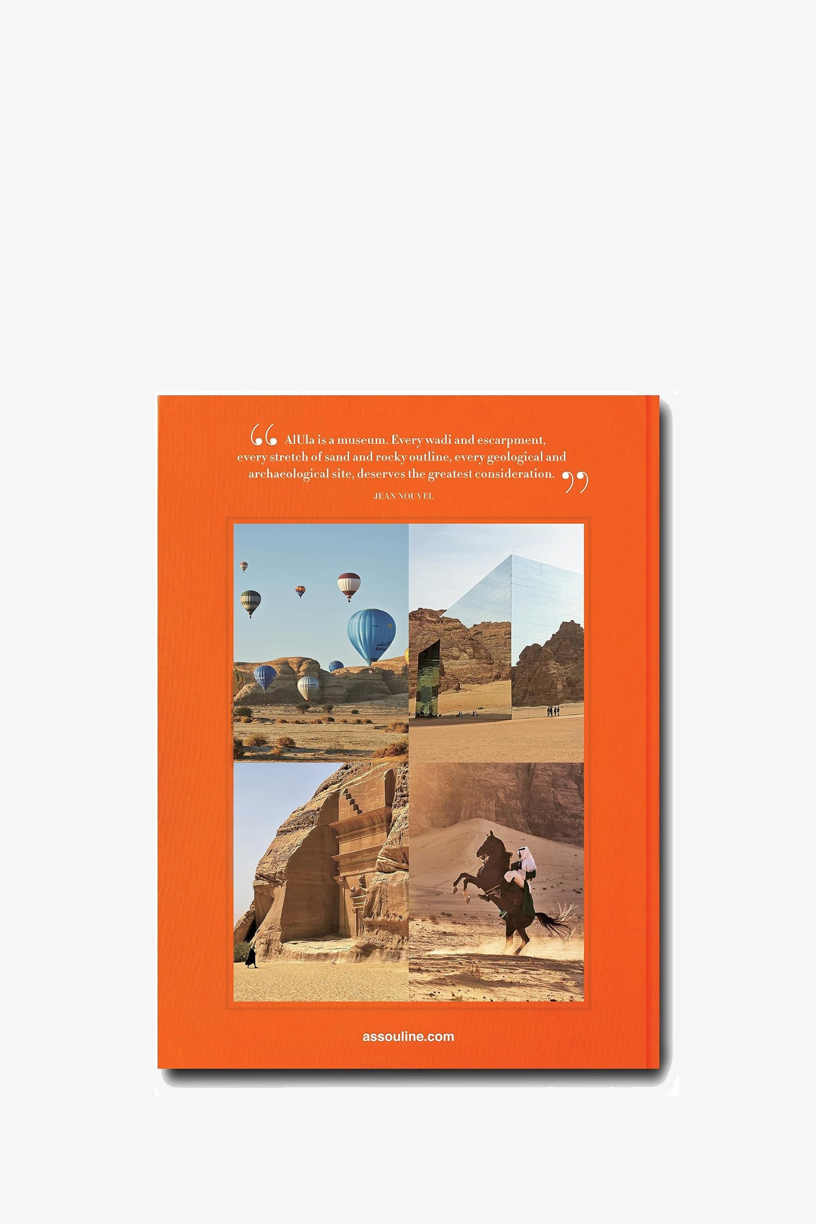 Back cover of the Assouline Alula Ever Book, an orange volume featuring four photographs: hot air balloons, a mirrored desert building, ancient rock carvings, and a camel rider. Also includes a quote and the website assouline.com.