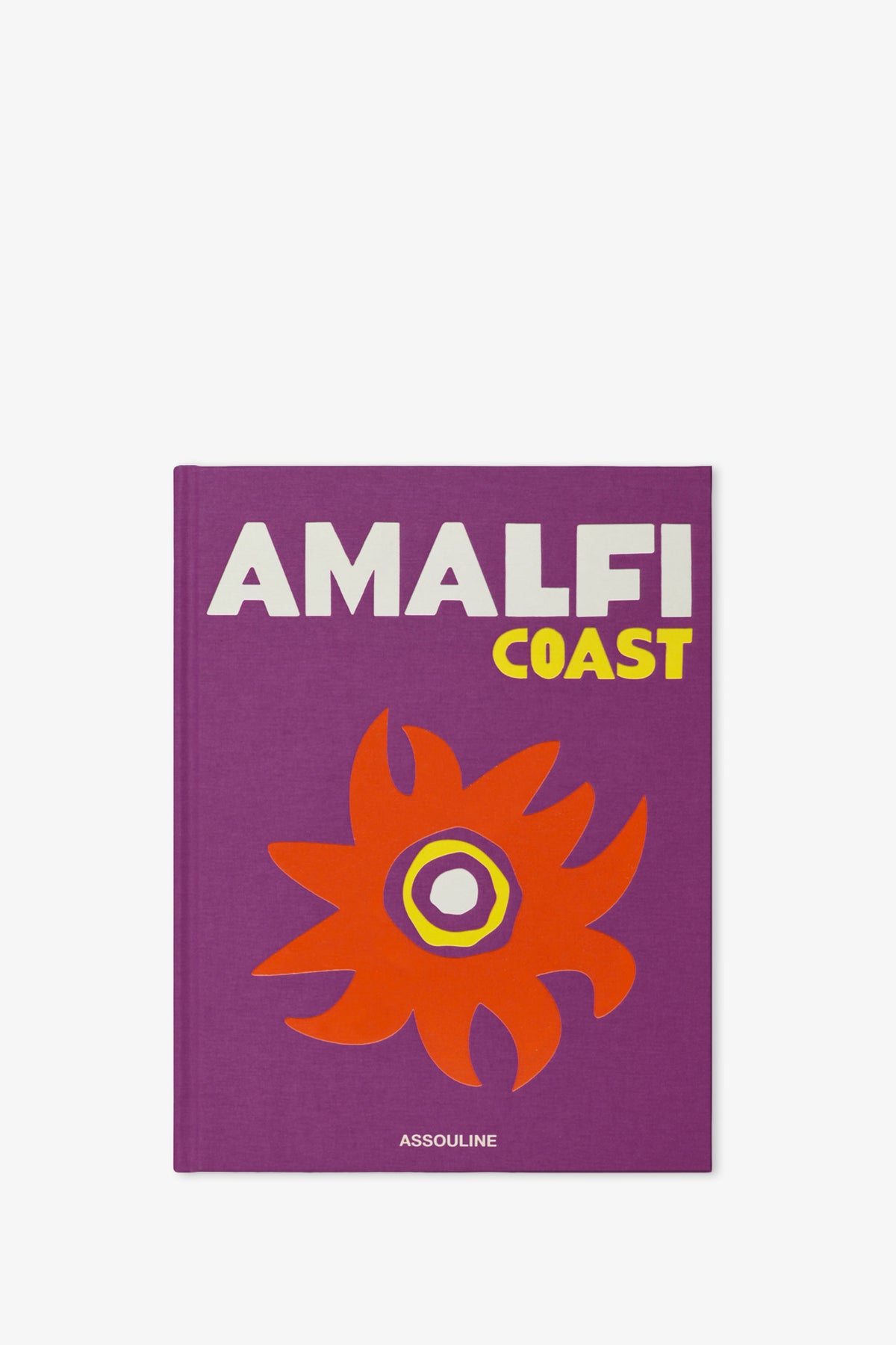 A purple Assouline Amalfi Coast Book featuring the title "AMALFI COAST" in white and yellow, an abstract orange and red flower design, and "ASSOULINE" printed at the bottom.