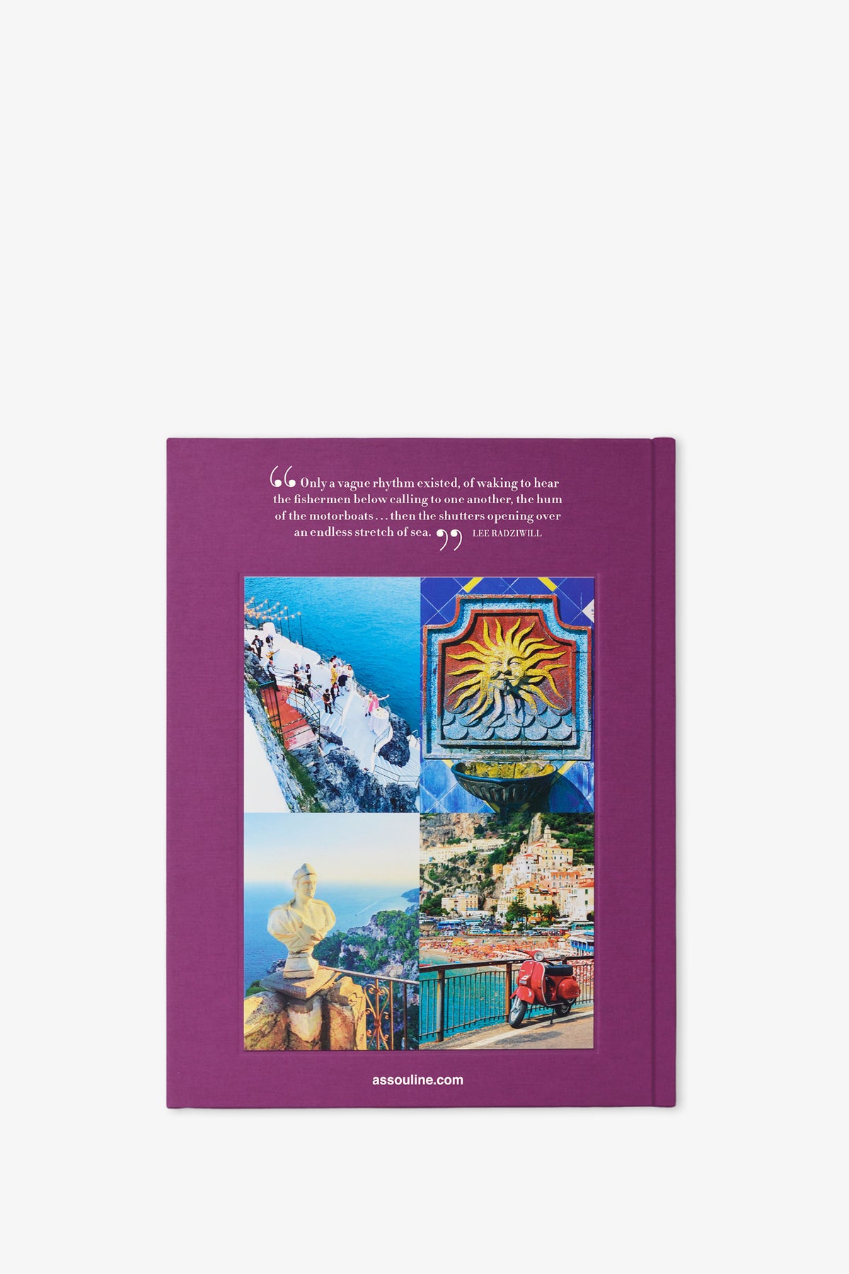 A purple cover for the Assouline Amalfi Coast Book features an inspirational quote at the top and four vivid images of coastal landscapes and colorful tiles below, with the website assouline.com displayed at the bottom.